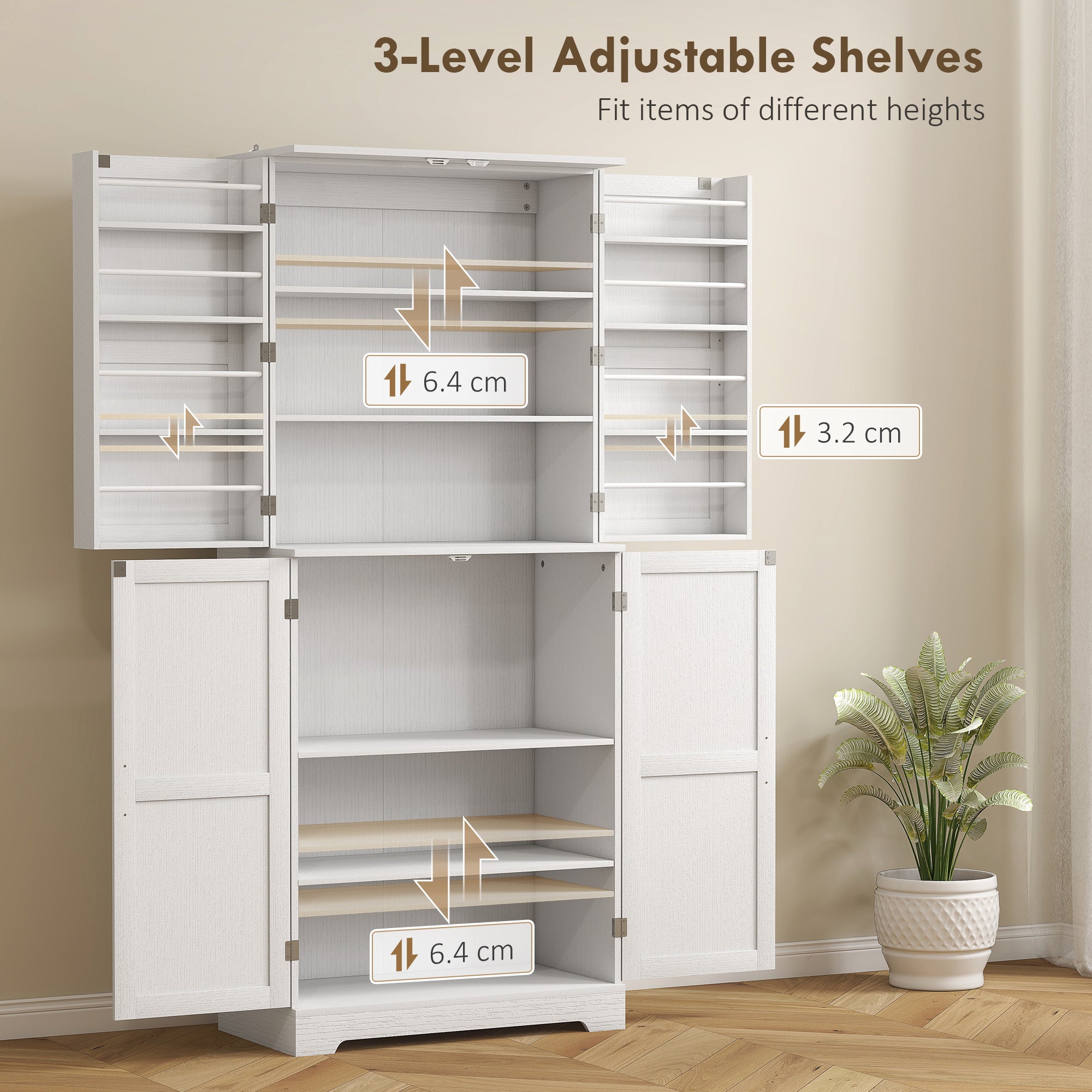 Farmhouse Kitchen Pantry, 72" Tall Pantry Cabinet with 4 Barn Doors, 4 Adjustable Shelves and 8 Door Shelves, White