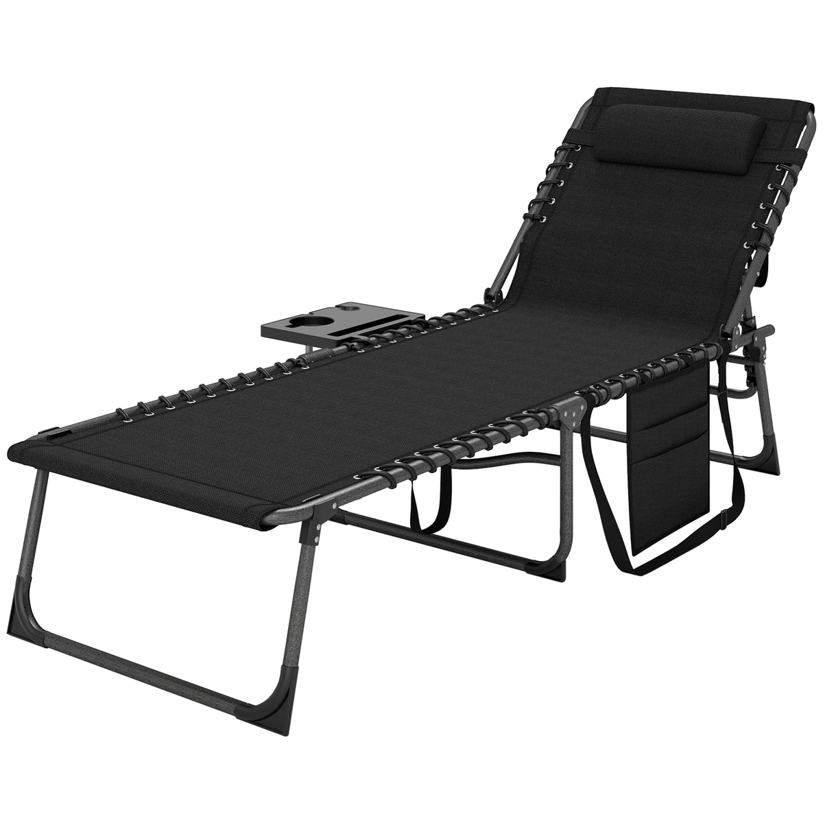 Folding Outdoor Chaise Lounge Chair Tanning Chair with 5-Level Adjustable Back, Side Table, Pillow, Pocket, Black