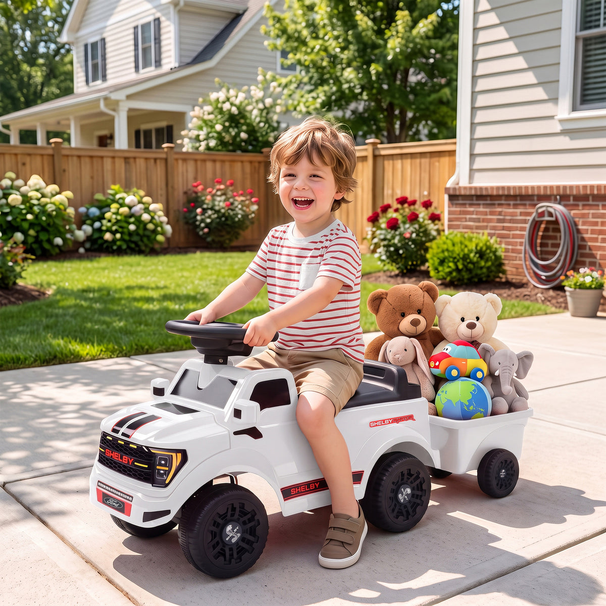 Ride on Push Car, Licensed Shelby Foot to Floor Sliding Toddler Toy with Trailer, Lift-Up Hood for 18-72 M, White