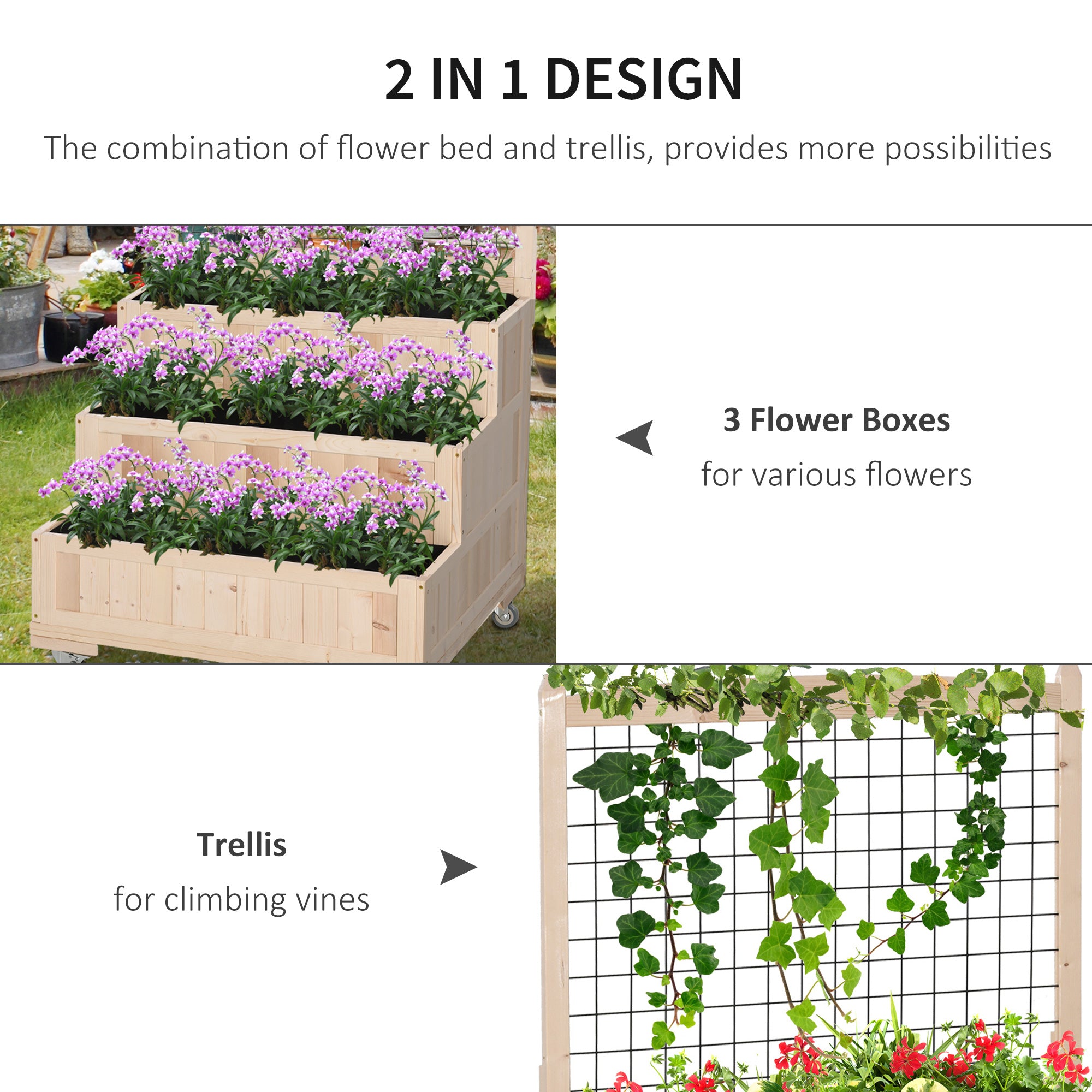 3-Tiers Raised Garden Bed with Trellis, 53" H Vertical Planter Box with Wheels & Back Storage Area, for Flowers, Vegetables, Herbs, Natural - Natural Wood - Image 4