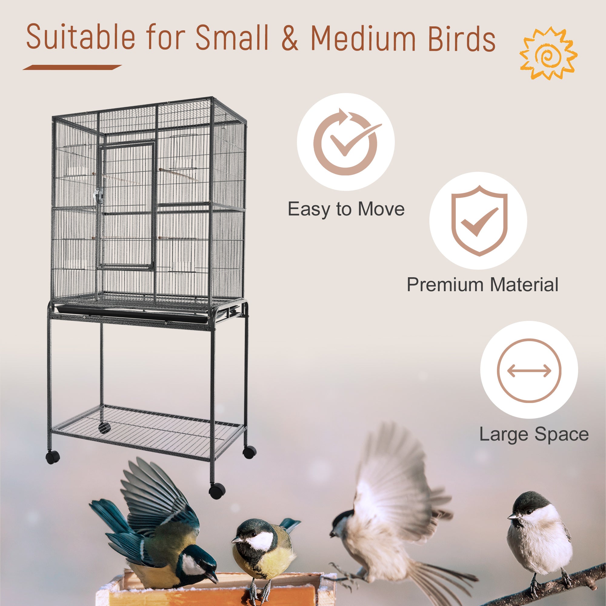 30" Rolling Metal Bird Cage Feeder with Detachable Rolling Stand, Storage Shelf, Wood Perch & Food Container - Black and Gray - Image 7