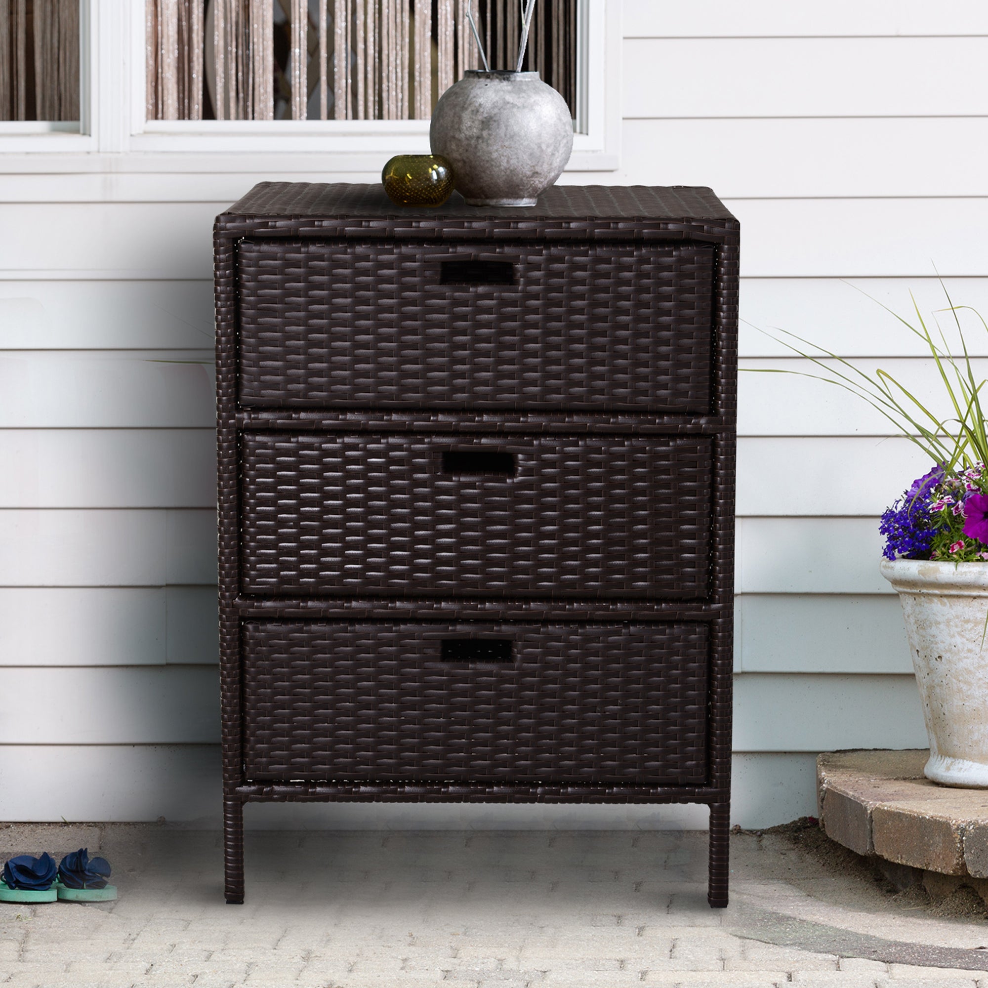 Patio PE Rattan Storage Cabinet, Wicker Pool Cabinet Organizer, Outdoor Towel Rack for Pool with 3 Drawers, Brown - Brown - Image 2