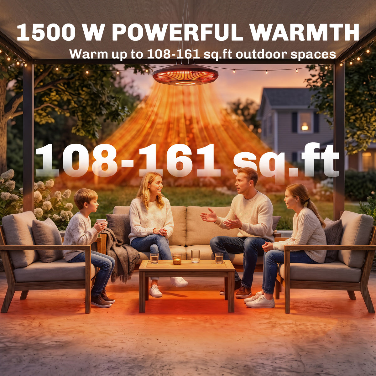 Electric Hanging Patio Heater with LED Light, 750/1500 W IP65 Ceiling Mounted Infrared Outdoor Heater, Black