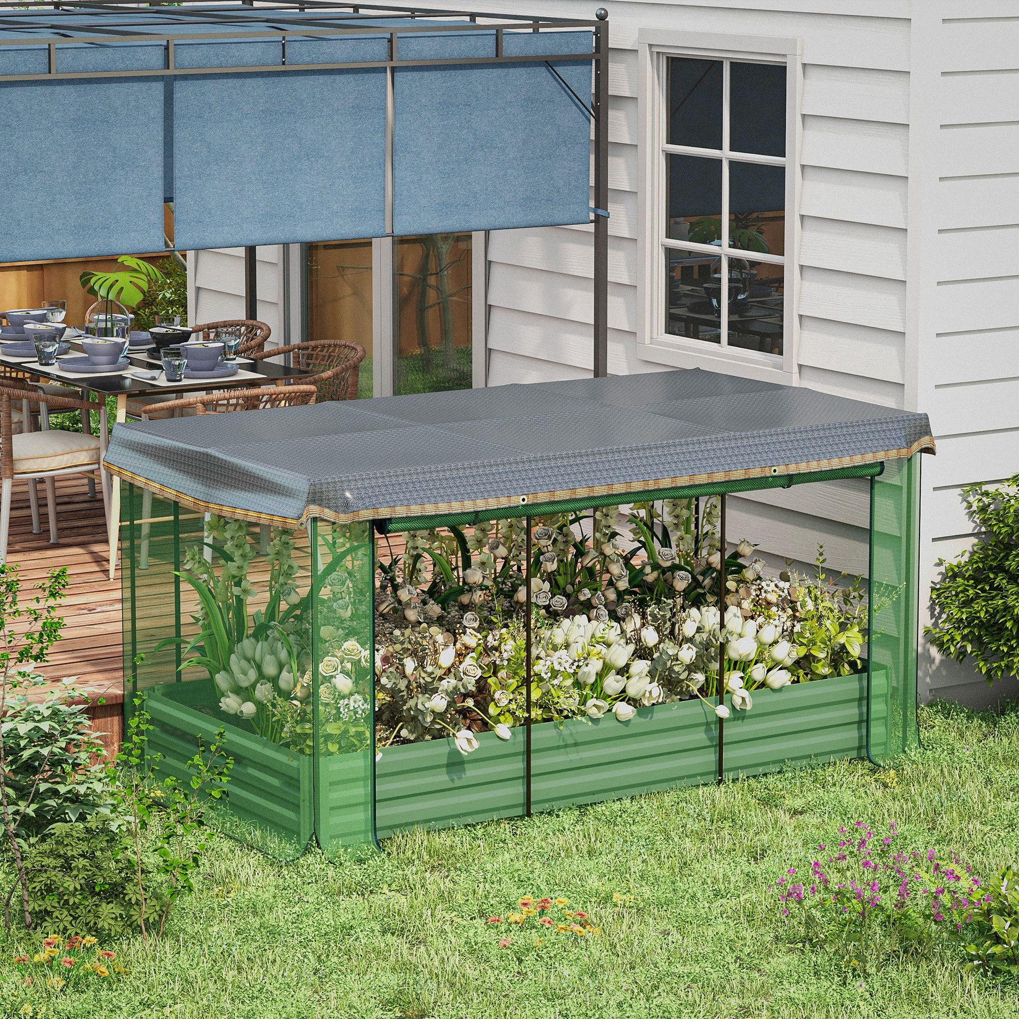 Galvanized Steel Planter Box with Crop Cage and Shade Cloth, Raised Garden Bed for Flowers, Veggies and Herbs, Green - Green - Image 2
