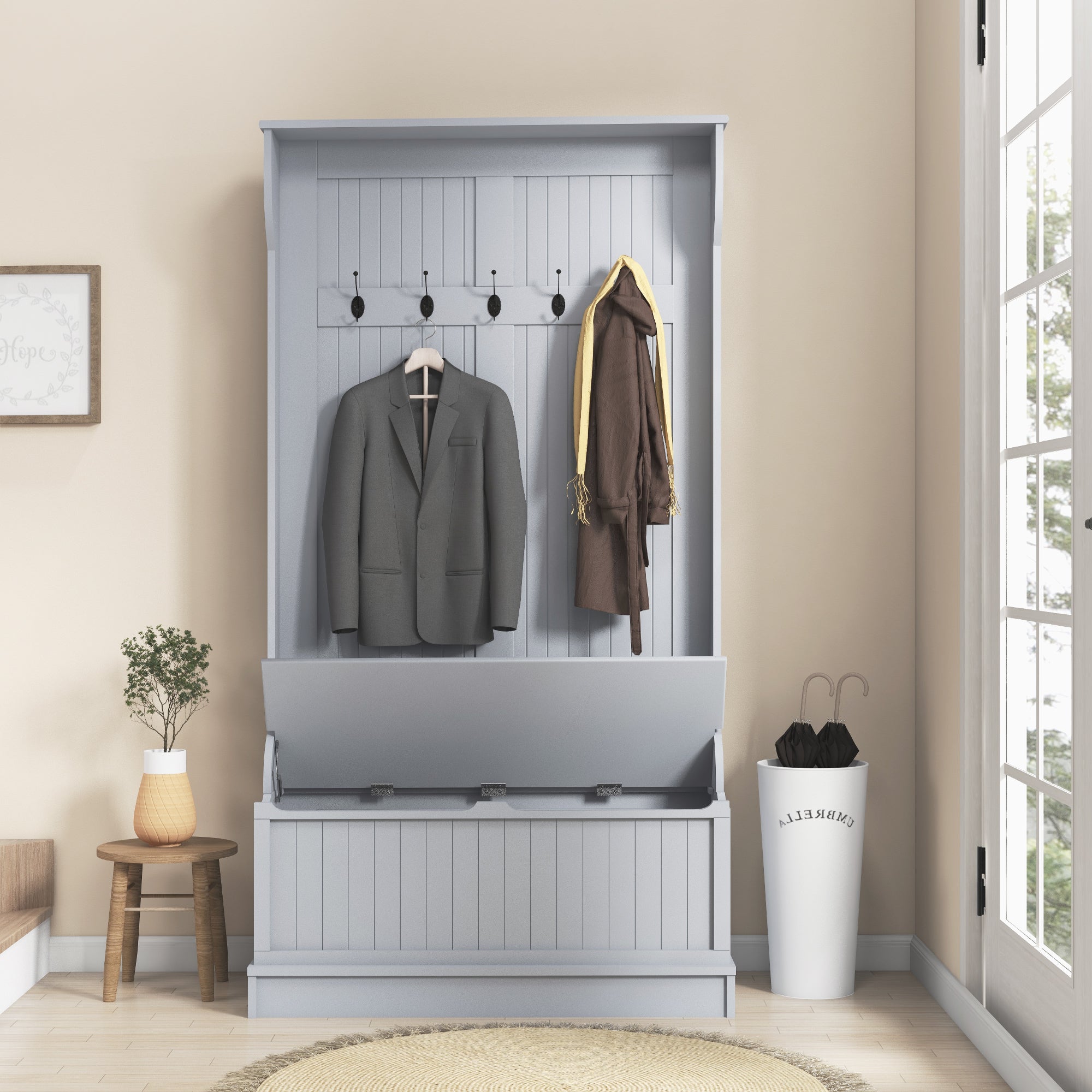 3-In-1 Entryway Bench with Coat Rack, Hall Tree with Bench and Shoe Storage, 5 Hooks for Hallway