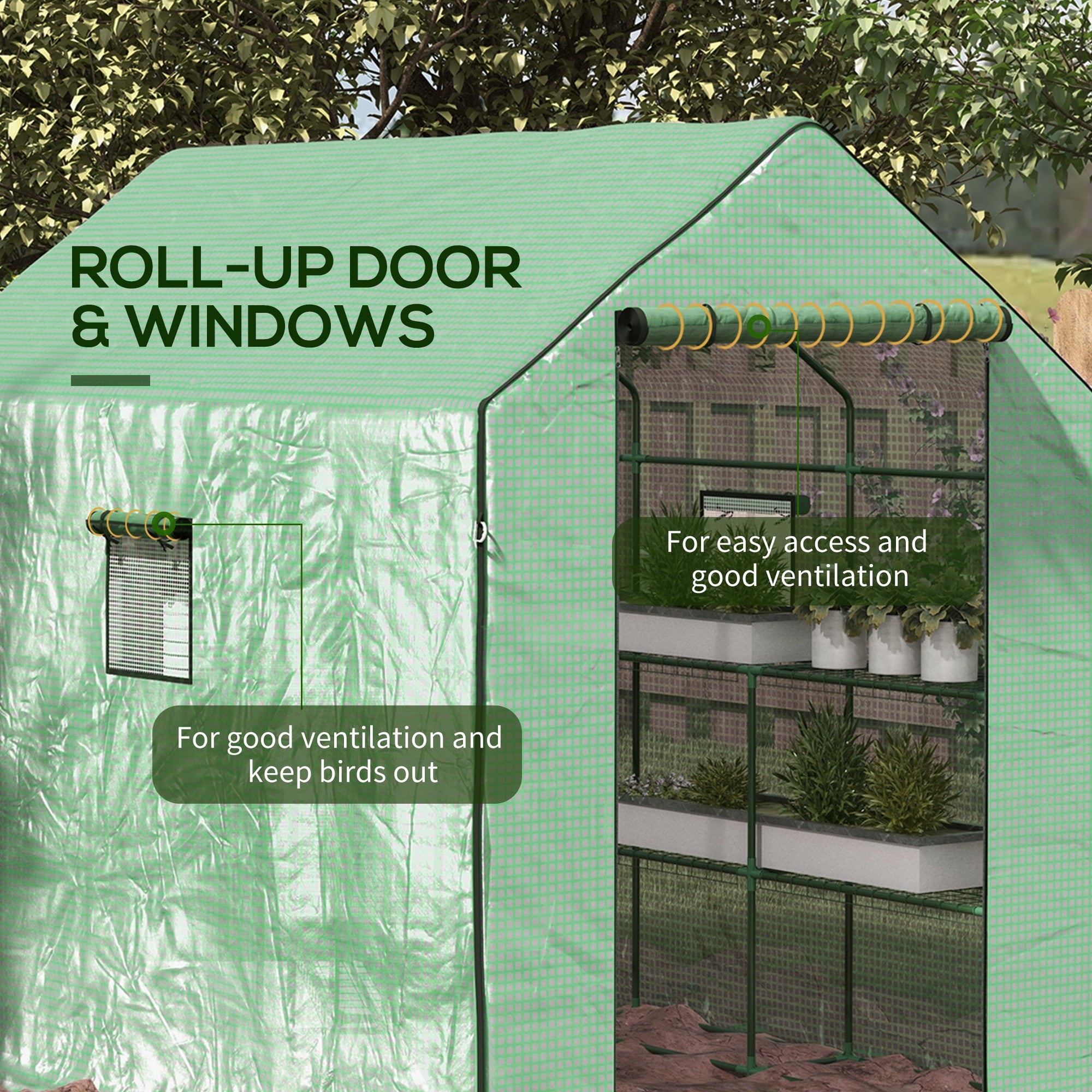 4.6' x 4.7' Portable Greenhouse, Water/UV Resistant Walk-In Small Outdoor Green House with 2 Tier U-Shaped Flower Rack Shelves, Roll Up Door & Windows, Green - Green - Image 6