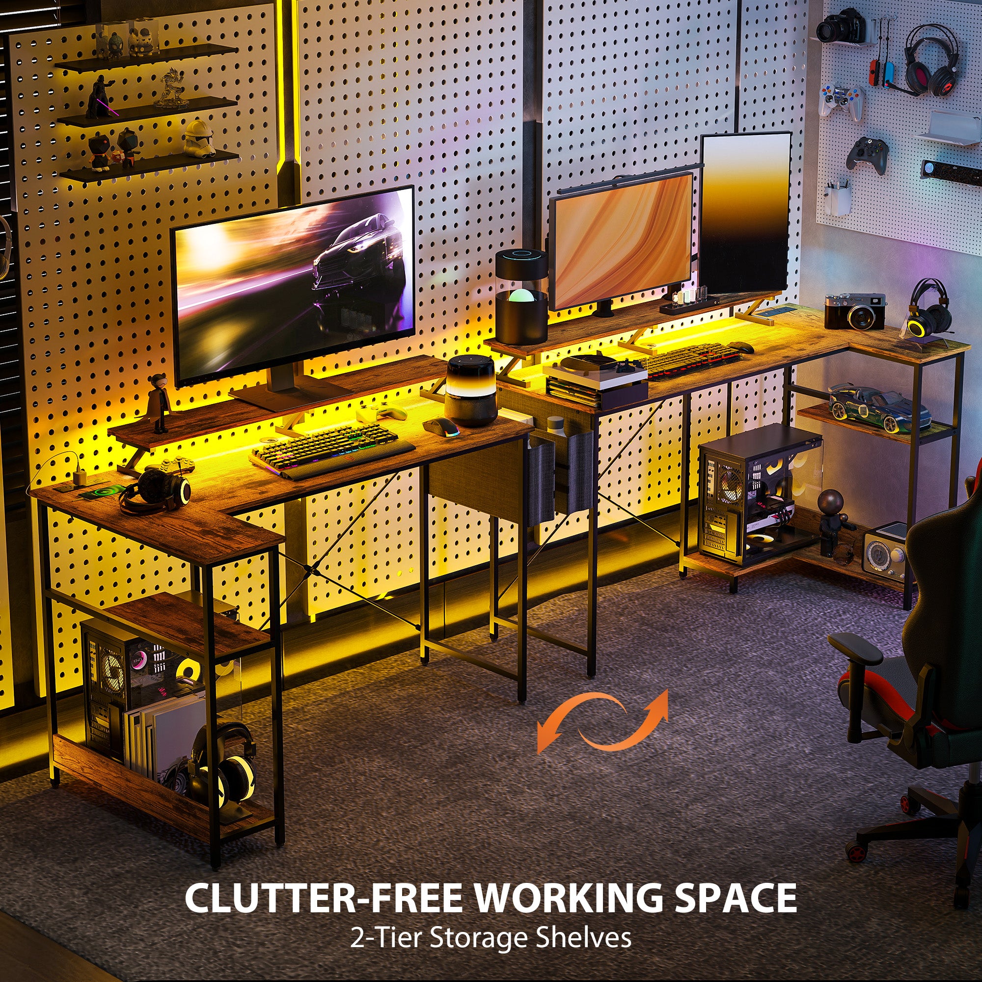 58" Reversible L Shaped Computer Desk, Corner Desk with Monitor Stand, Power Outlets and LED Lights, Rustic Brown