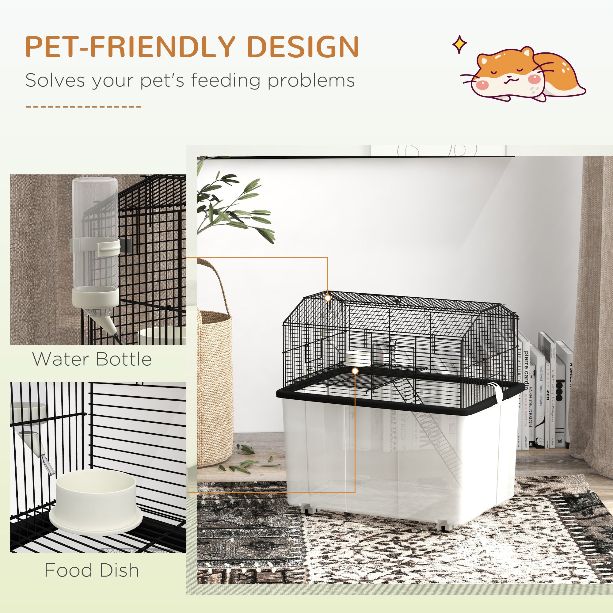 22" 2-Tier Hamster Cage with Extra-Deep 14" Base, Small Animal Cage with Ramp, Water Bottle, Food Dish, Wheels, Black - Black - Image 6