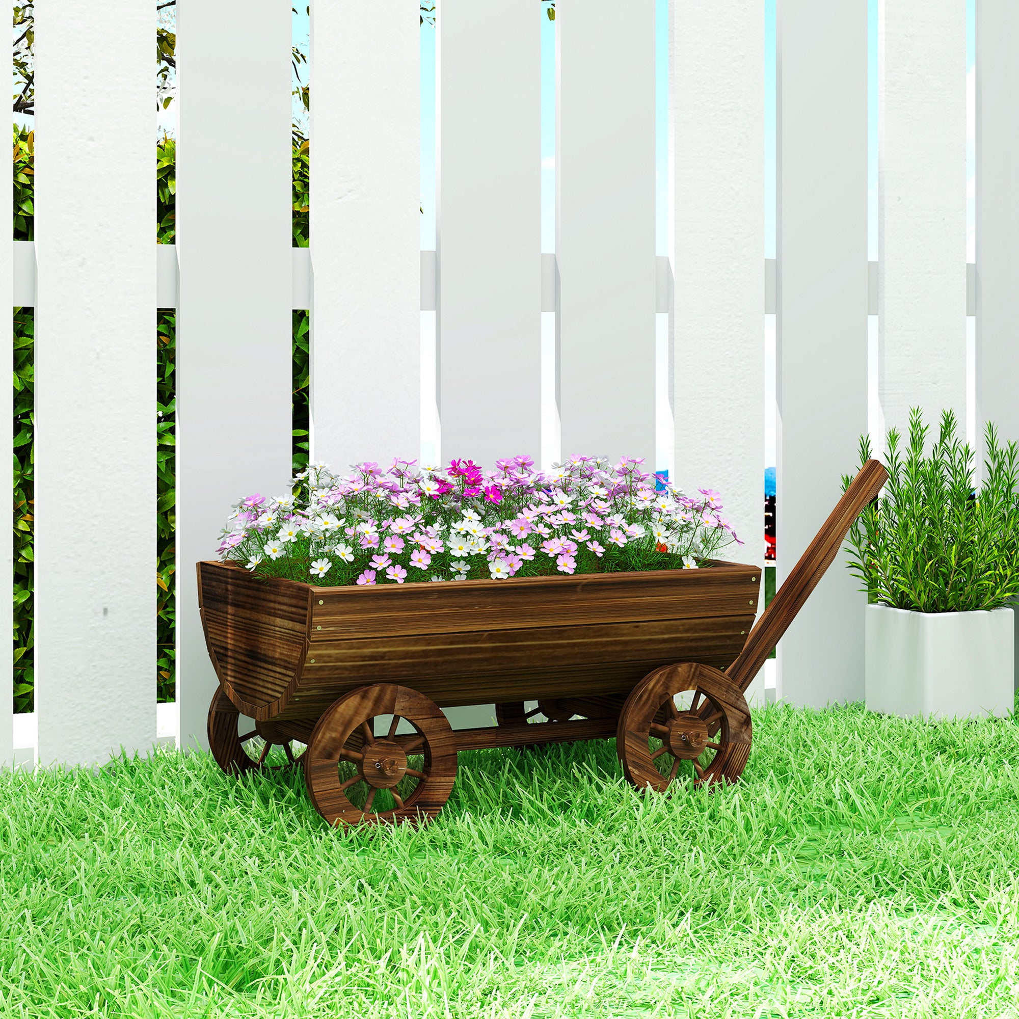 Wooden Wagon Planter Box, Mobile Garden Planter with 4 Wheels, Small Wheelbarrow Wagon Flower Cart with Drainage Hole - Carbonized - Image 2