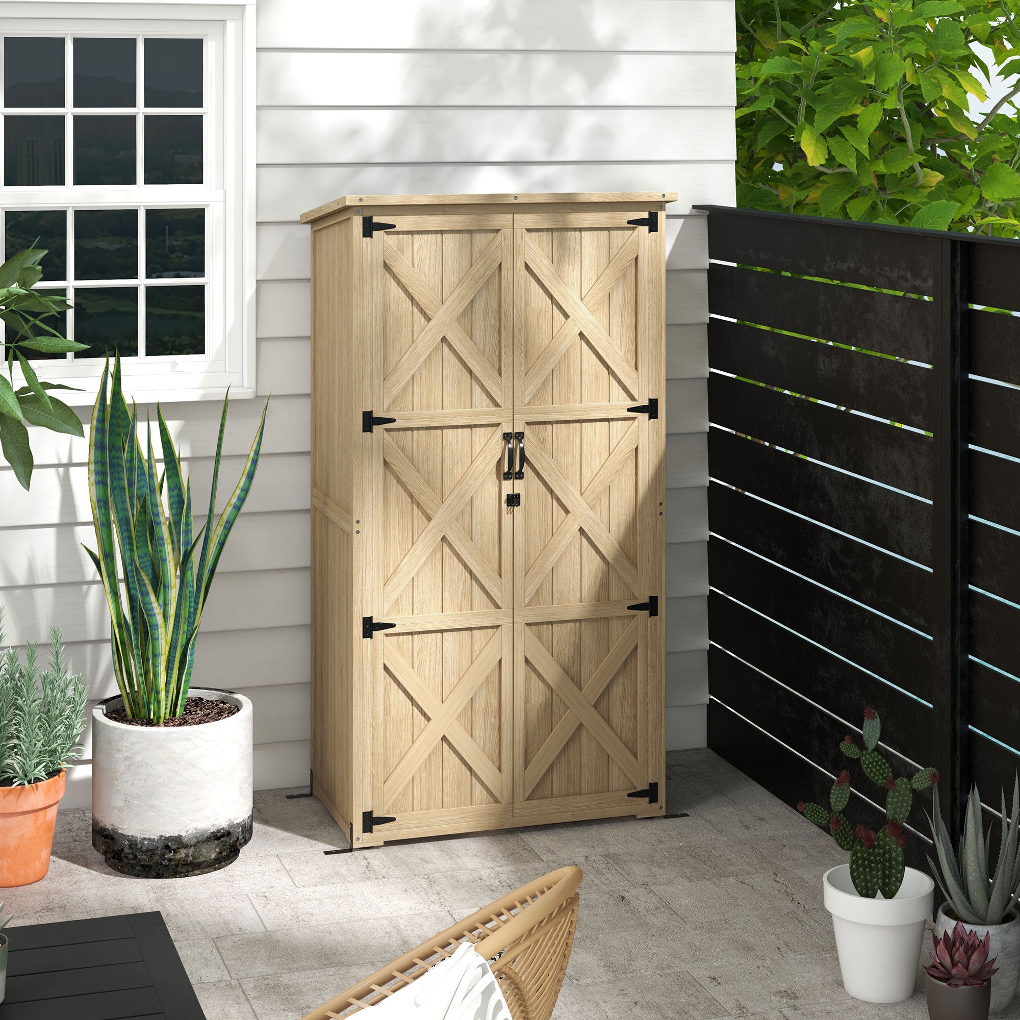 Wooden Outdoor Storage Cabinet Garden Shed with Waterproof Asphalt Roof and Lockable Doors, Natural - Natural Wood - Image 2