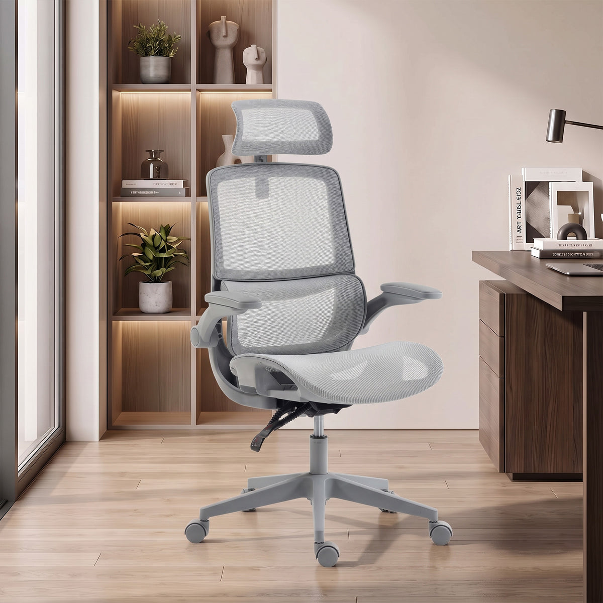 Ergonomic Office Chair with Adaptive Lumbar Support, Reclining Mesh Desk Chair with 2D Headrest, Flip-Up Arms, Gray