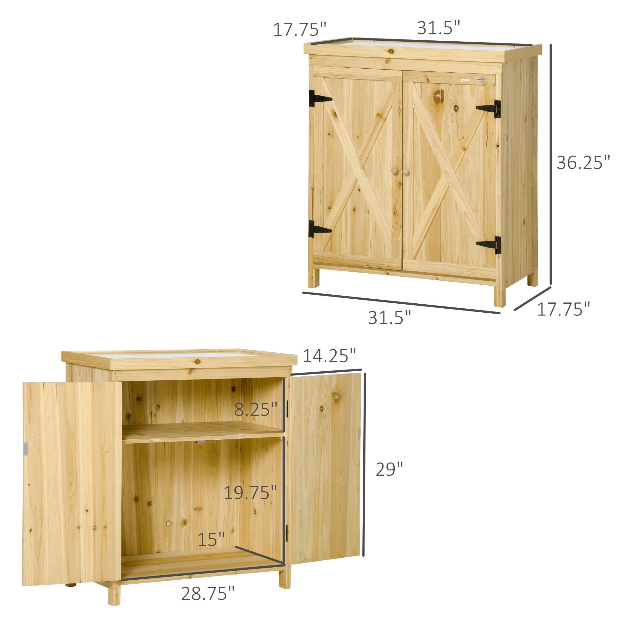Garden Storage Cabinet, Outdoor Tool Shed with Galvanized Top and Two Shelves for Yard Tools or Pool Accessories, Natural - Natural Wood - Image 3