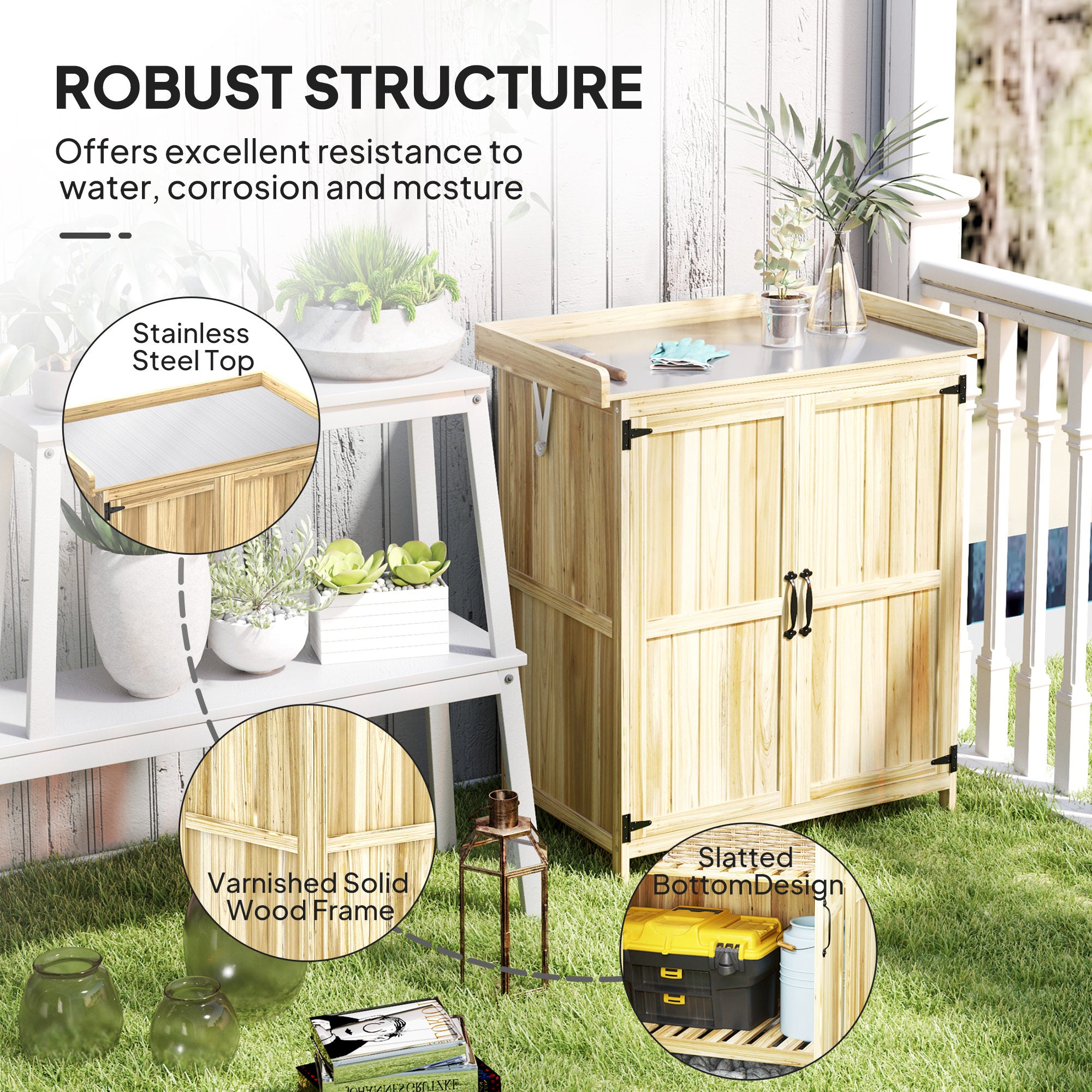 Outdoor Storage Cabinet, Garden Tool Shed with Metal Tabletop, Shelf, Wooden Potting Bench with 2 Doors, Natural Wood - Natural Wood - Image 7