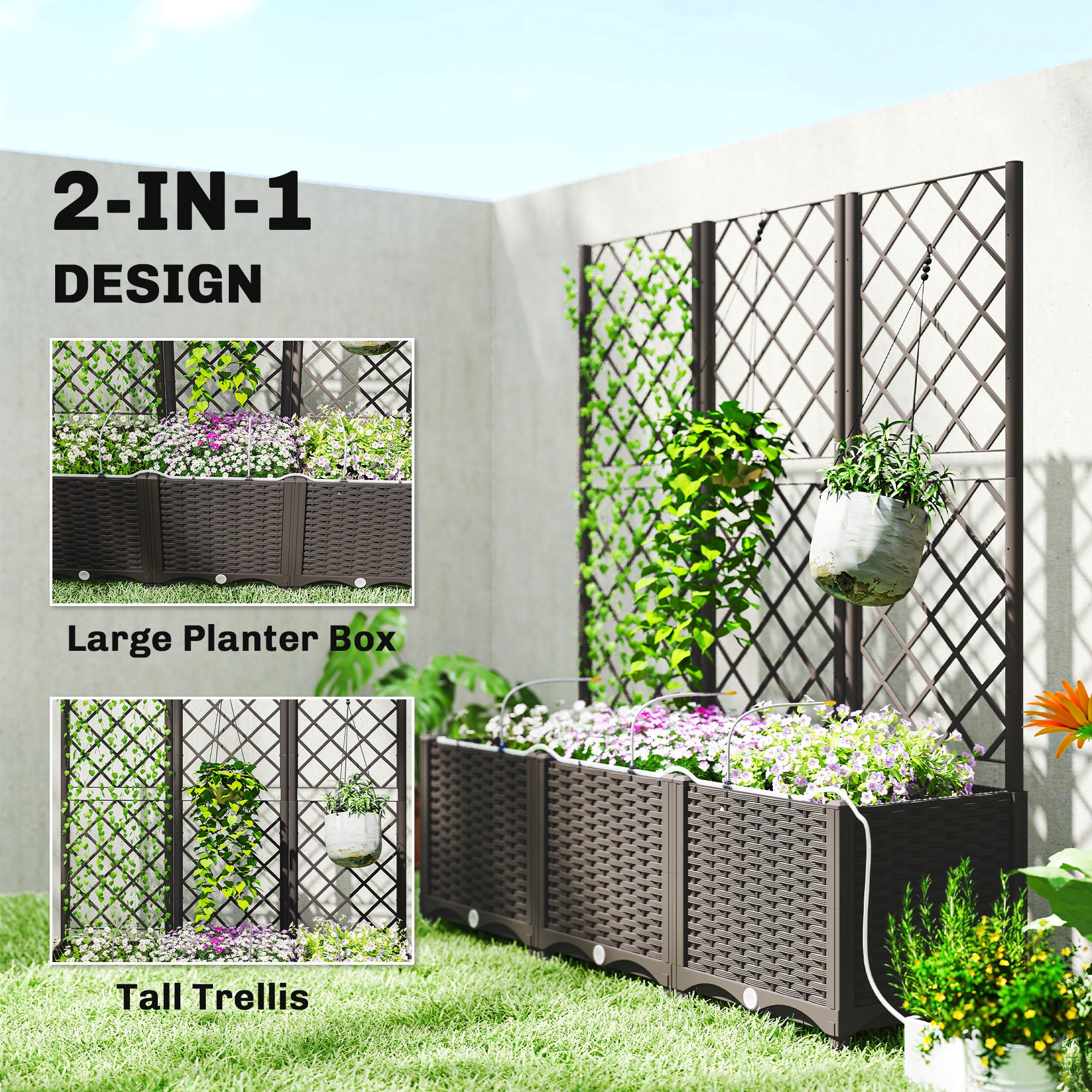 3PCS Plastic Planter Box with Trellis, Self-Watering Raised Garden Bed with Trellis and Automatic Watering Timer Kit - Brown - Image 6
