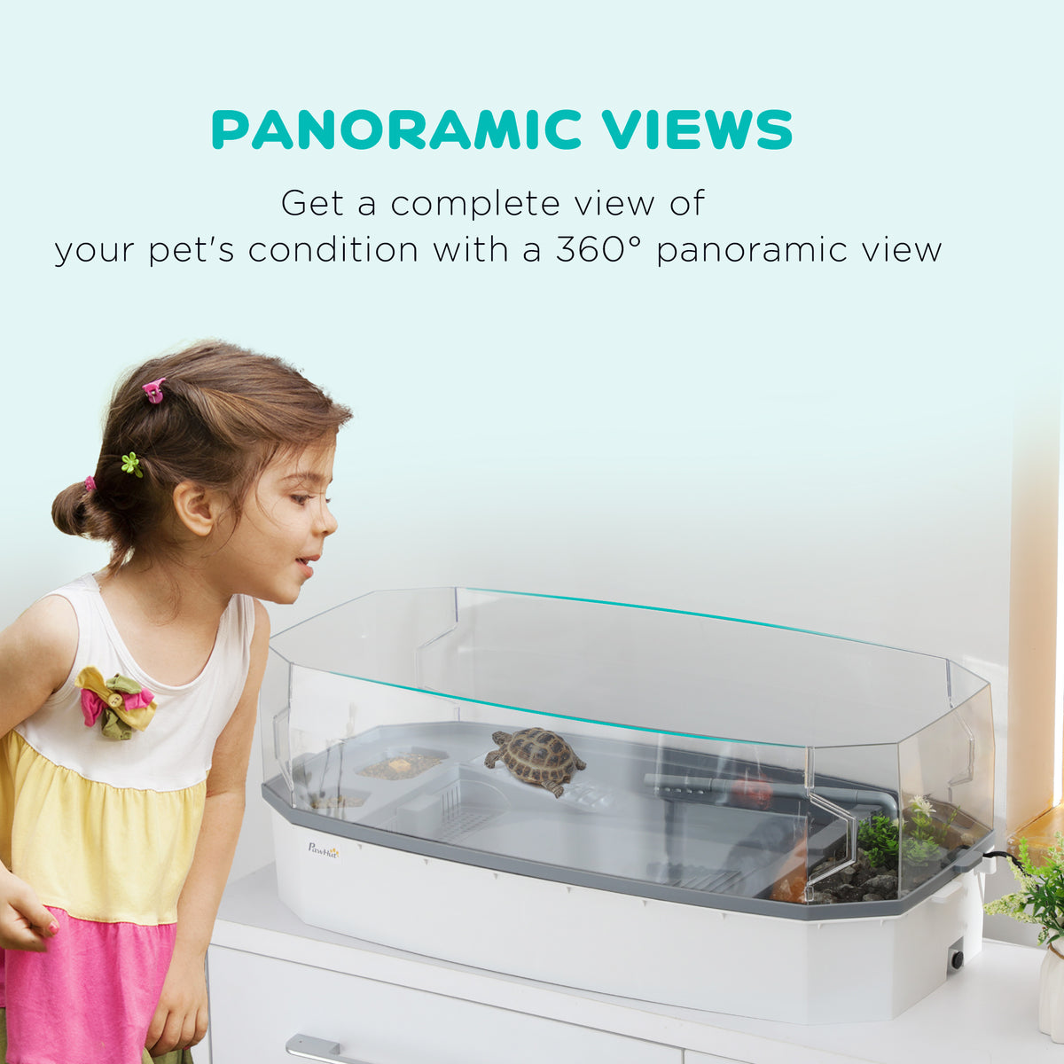 Turtle Tank Kit, Turtle Aquarium with Basking Platform, Water Pump, Filter Layer Design, Full View Visually Reptile Habitat, Easy to Clean and Change Water, Multi Functional Area - White - Image 7