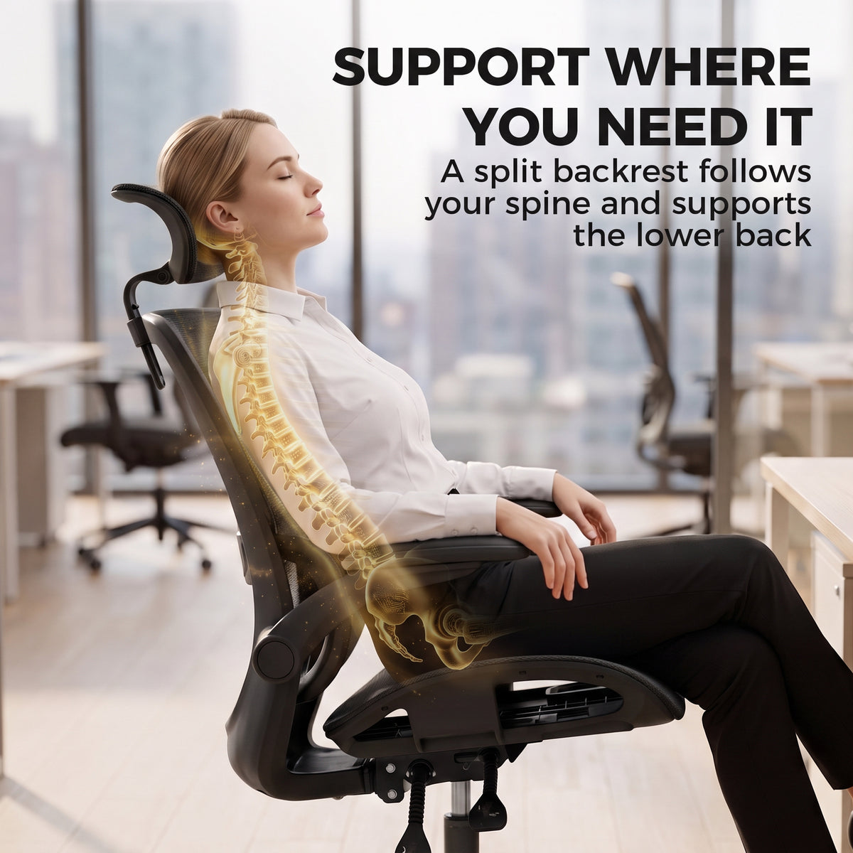 Ergonomic Office Chair with Adaptive Lumbar Support, Reclining Mesh Desk Chair with 2D Headrest, Flip-Up Arms, Black