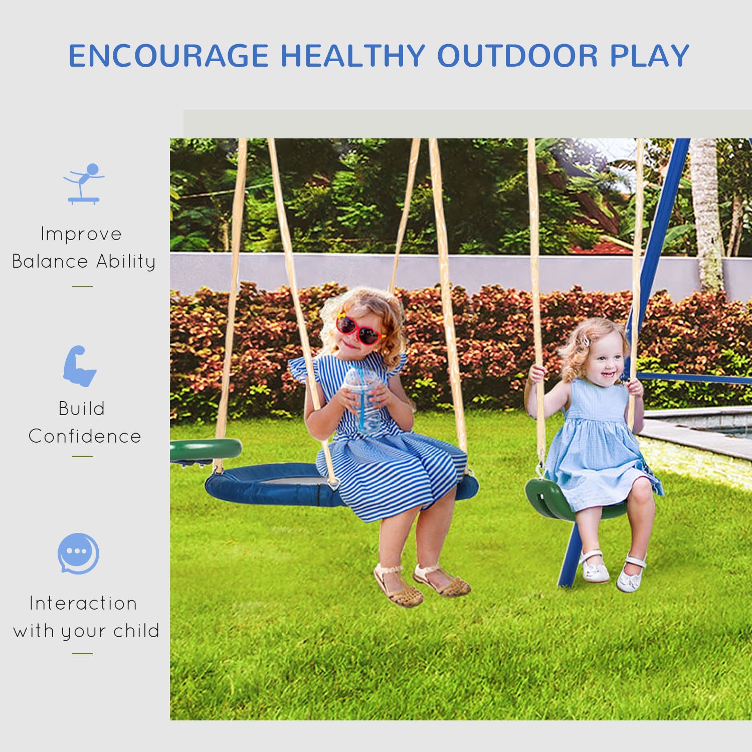 Swing Set for Backyard, 5 in 1 Outdoor Playset for Kids with Heavy-Duty A-Frame Stand, 29.5" Saucer Swing, Slide, Teeter-Totter, Glider, 693 Lbs Load, Blue