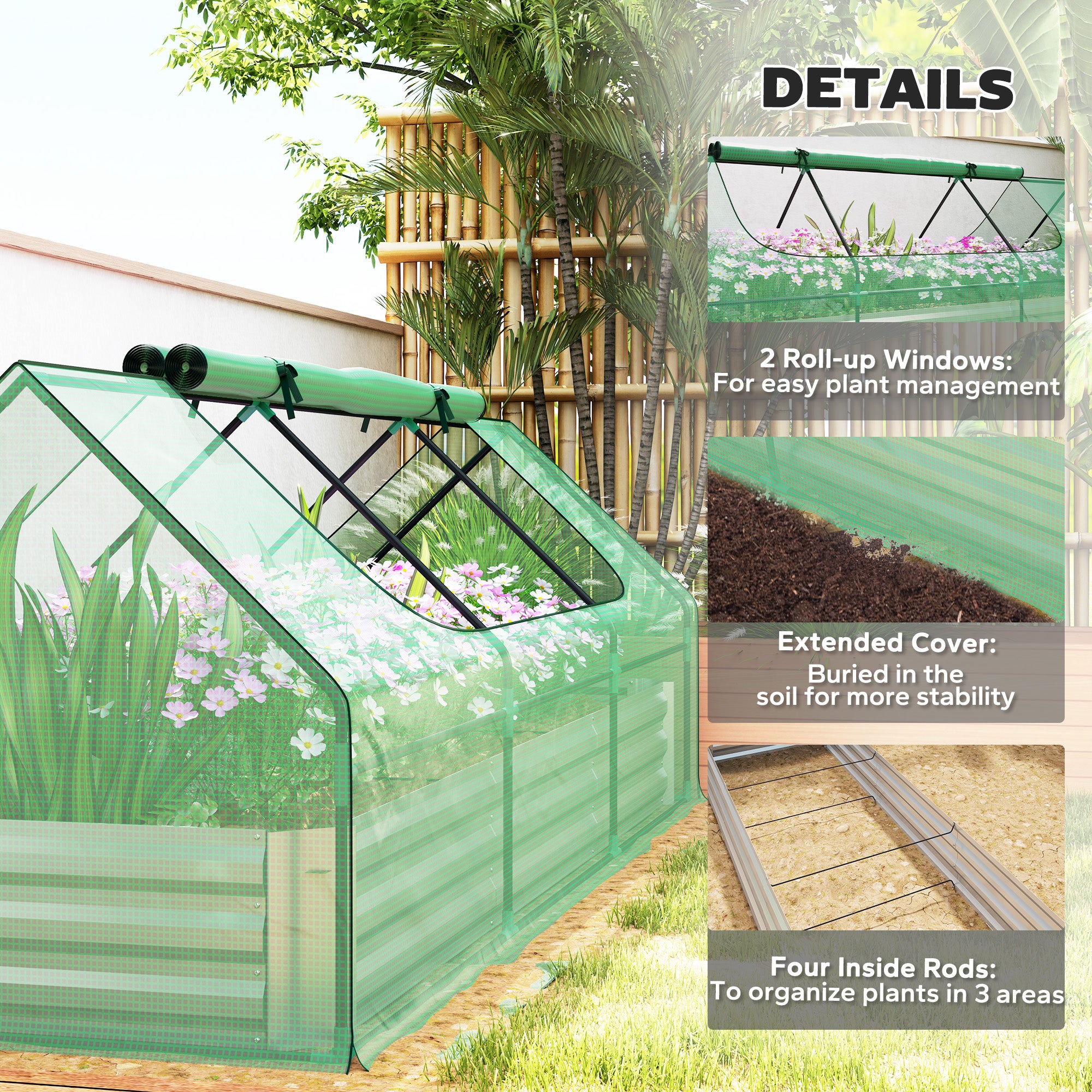8.6 x 3 x 1ft Raised Garden Bed with Mini Greenhouse, Galvanized Raised Garden Bed with Cover for Herbs and Vegetables, Small Greenhouse for Patio Garden Balcony, Green and Silver - Green - Image 7