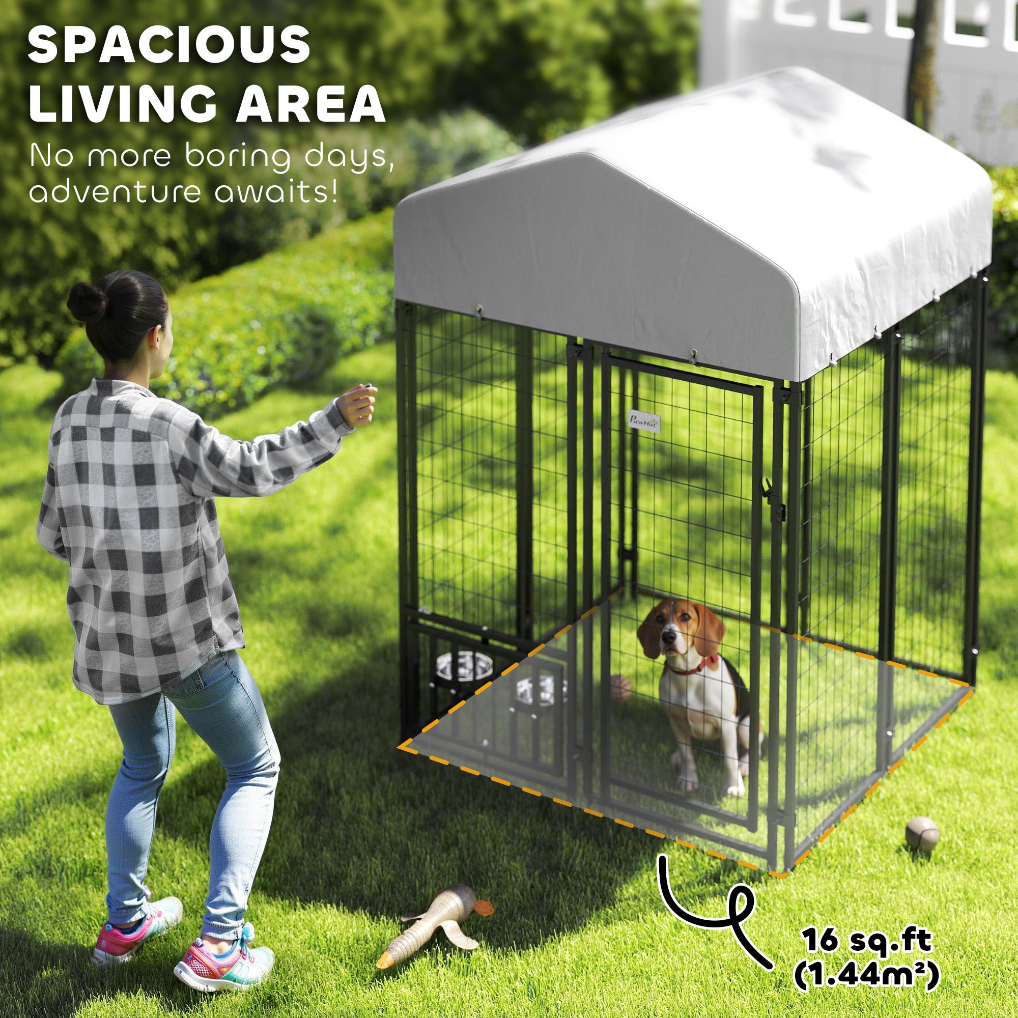 Welded Wire Outdoor Dog Kennel with 360° Rotating & 4 Levels Adjustable Bowls, Waterproof Cover, 3.9' x 3.9' x 6' - Silver - Image 4