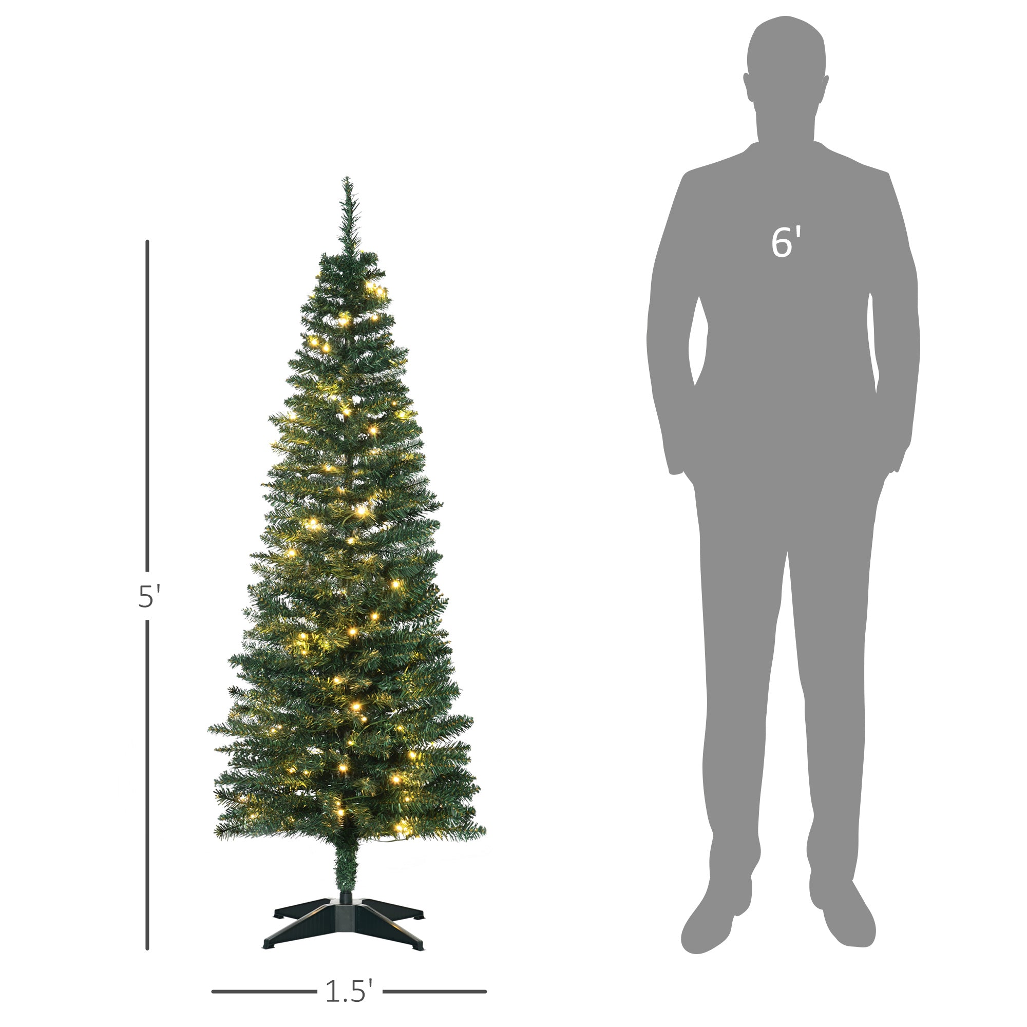 5' Tall Pre-Lit Slim Noble Fir Artificial Pencil Christmas Tree with Realistic Branches, 110 Warm White LED Lights and 294 Tips, Green