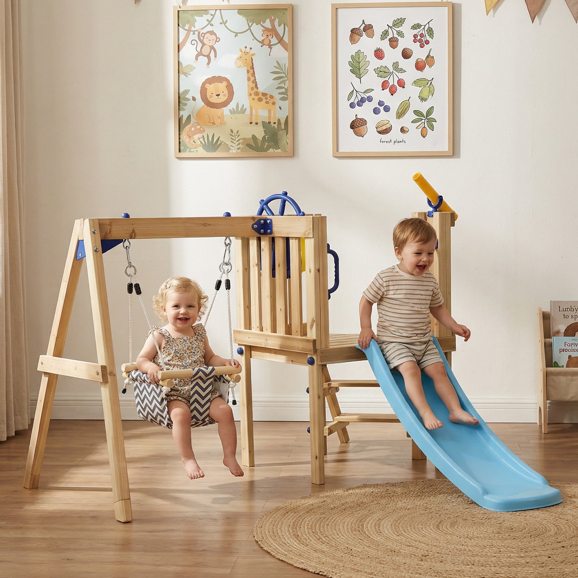 Swing Set for Backyard, Wooden Toddler Outdoor Playset with Baby Swing Seat, Kids Slide, Fort, Playground Equipment with Captain's Wheel, Telescope for Ages 1.5-4, Natural