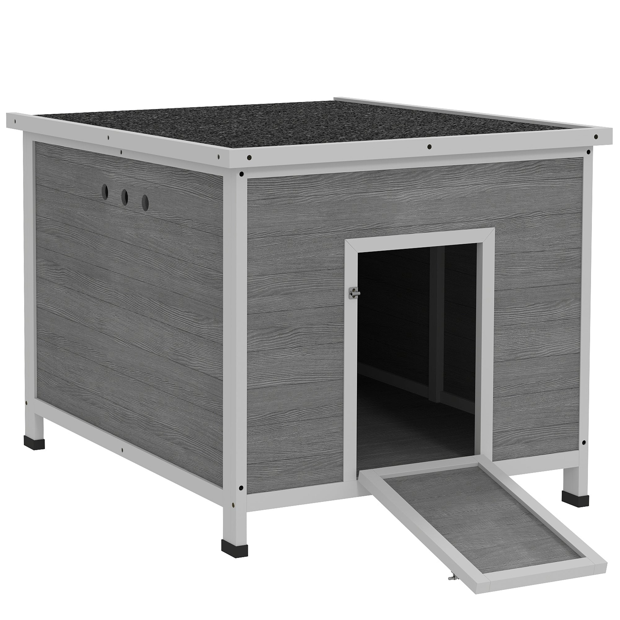 Wooden Duck Coop with Openable Roof, Removable Floor, Double Doors, Ramp, for 3-6 Ducks, Chickens, 30" x 38" x 30" - Light Gray