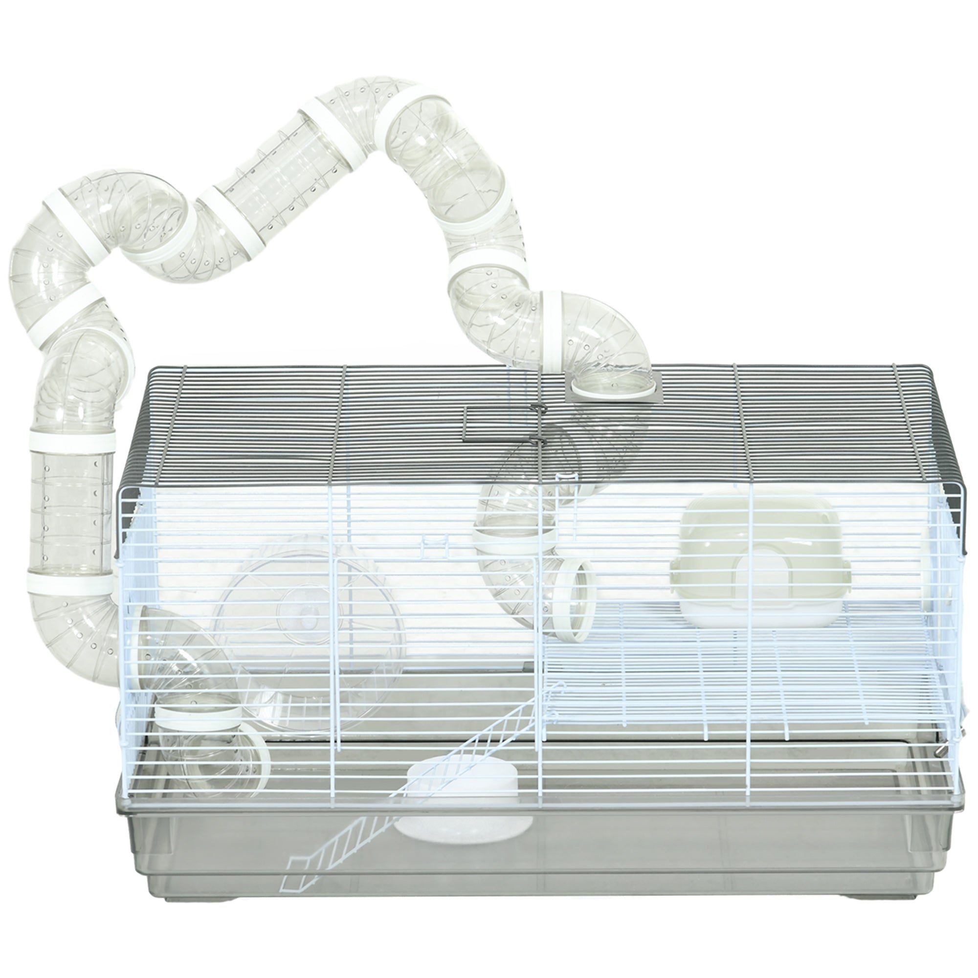 Small Animal Cage for Gerbil or Dwarf Hamster w/ Tubes, Exercise Wheel, Food Dish, Water Bottle, 23" x 13" x 12", Gray - Gray