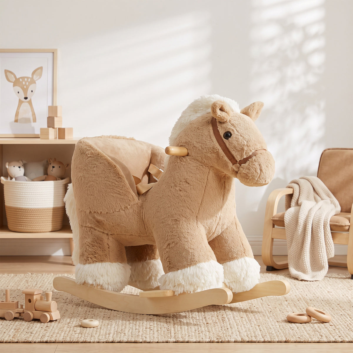 Rocking Horse with Seat Belt, Plush Ride-On Rocker with Realistic Sound for Toddlers Ages 18-36 Months, Brown