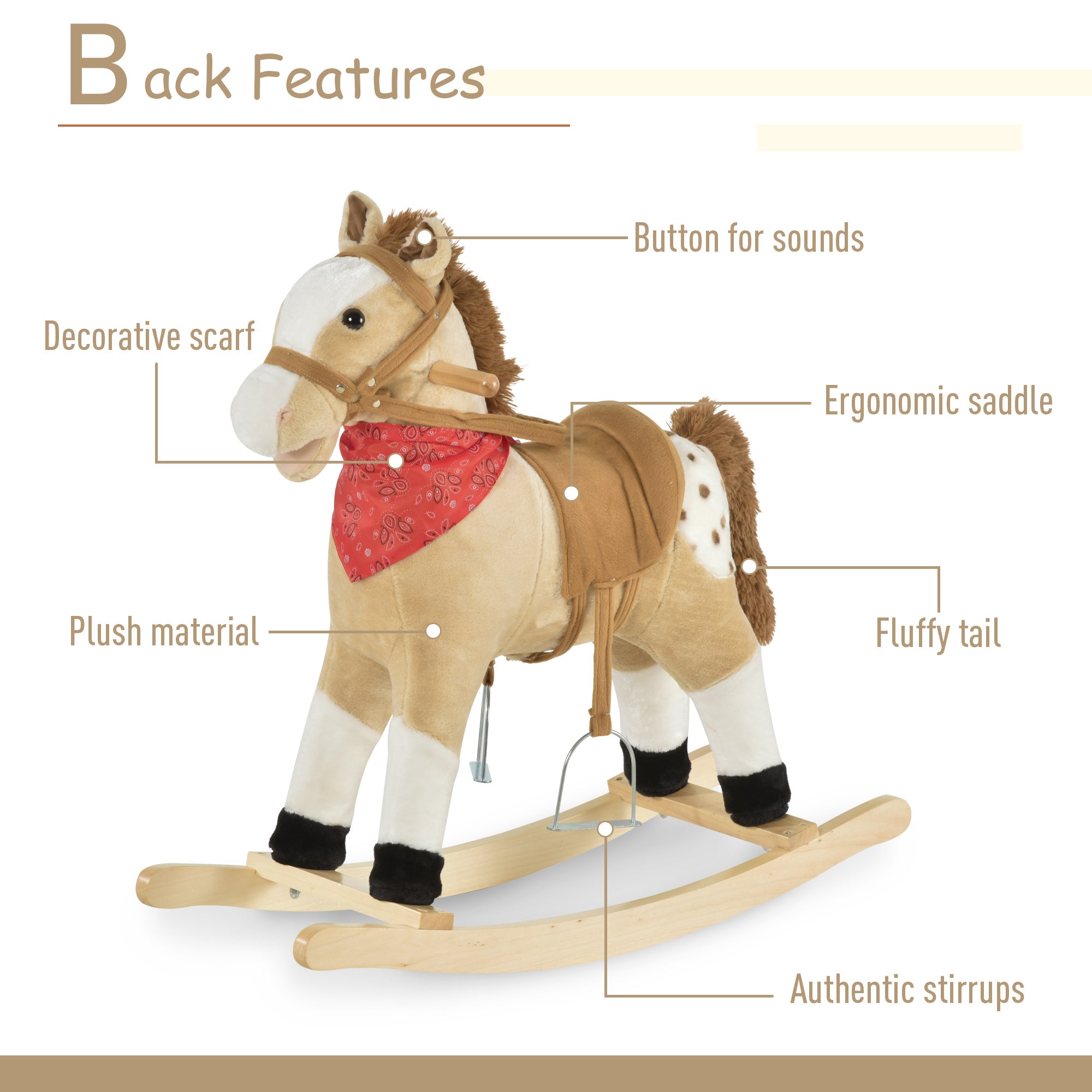 Kids Plush Ride-On Rocking Horse Toy Cowboy Rocker with Fun Realistic Sounds for Child 3-6 Years Old, Beige