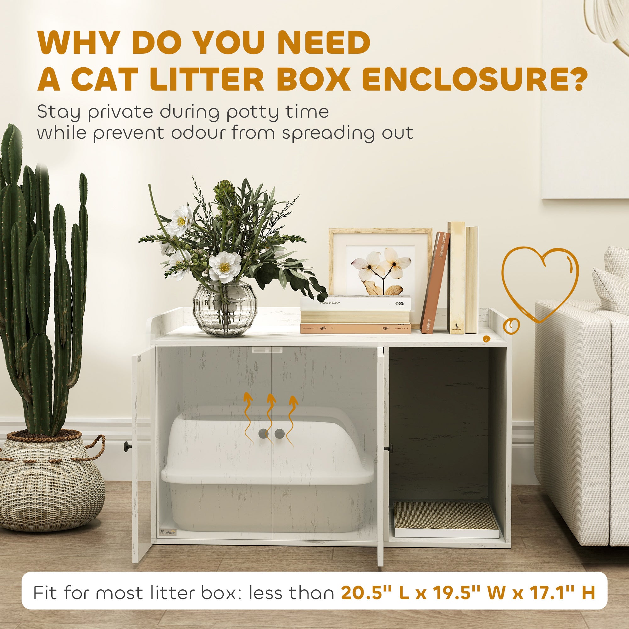 32" Cat Litter Box Enclosure with Scratching Mat, Cat Entrance, Fit Most of Cat and Litter Box, Distressed White - White - Image 5