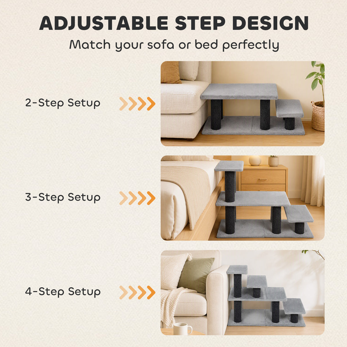 Pet Stairs, Cat Stairs with 2/3/4-Step Flexible Setup for Bed, Sofa, Gray