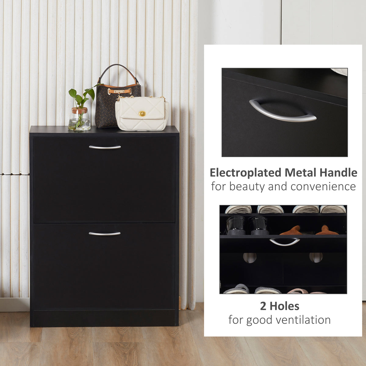 Shoe Cabinet with 2 Flip Drawers, Narrow Shoe Storage Cabinet with Adjustable Shelves for Entryway, Hallway, Black