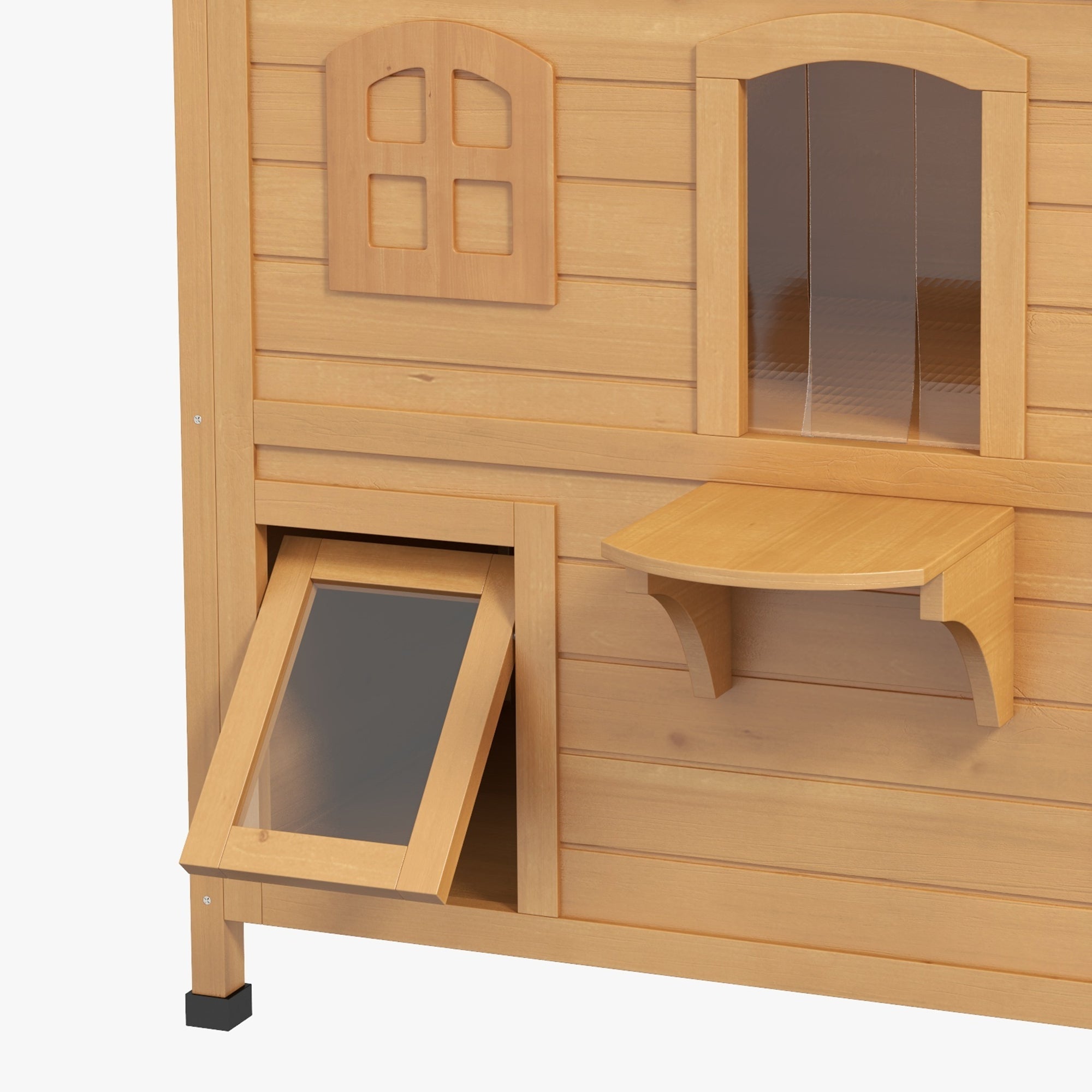 2-story Cat House Outdoor, Weatherproof Wooden Cat Enclosure for Feral Cats with Escape Door, Openable Roof, Jumping Platforms, Natural - Natural Wood - Image 8