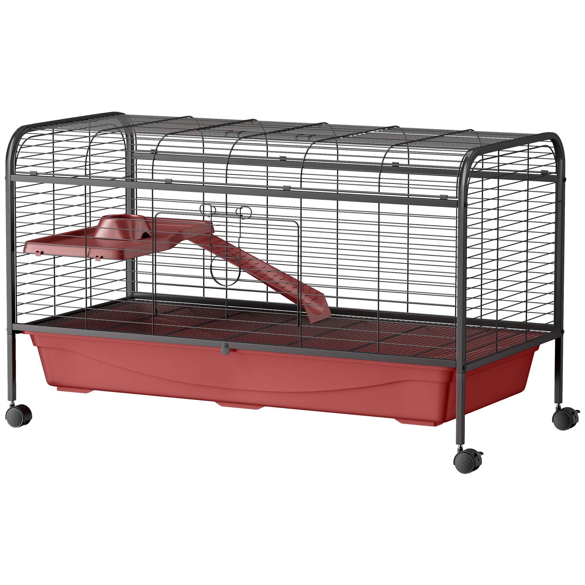 48" L Small Animal Cage, Pet Play House for Rabbit Hutch or Ferret with Feeder, Rolling Wheels, Platform, Ramp - Red and Black
