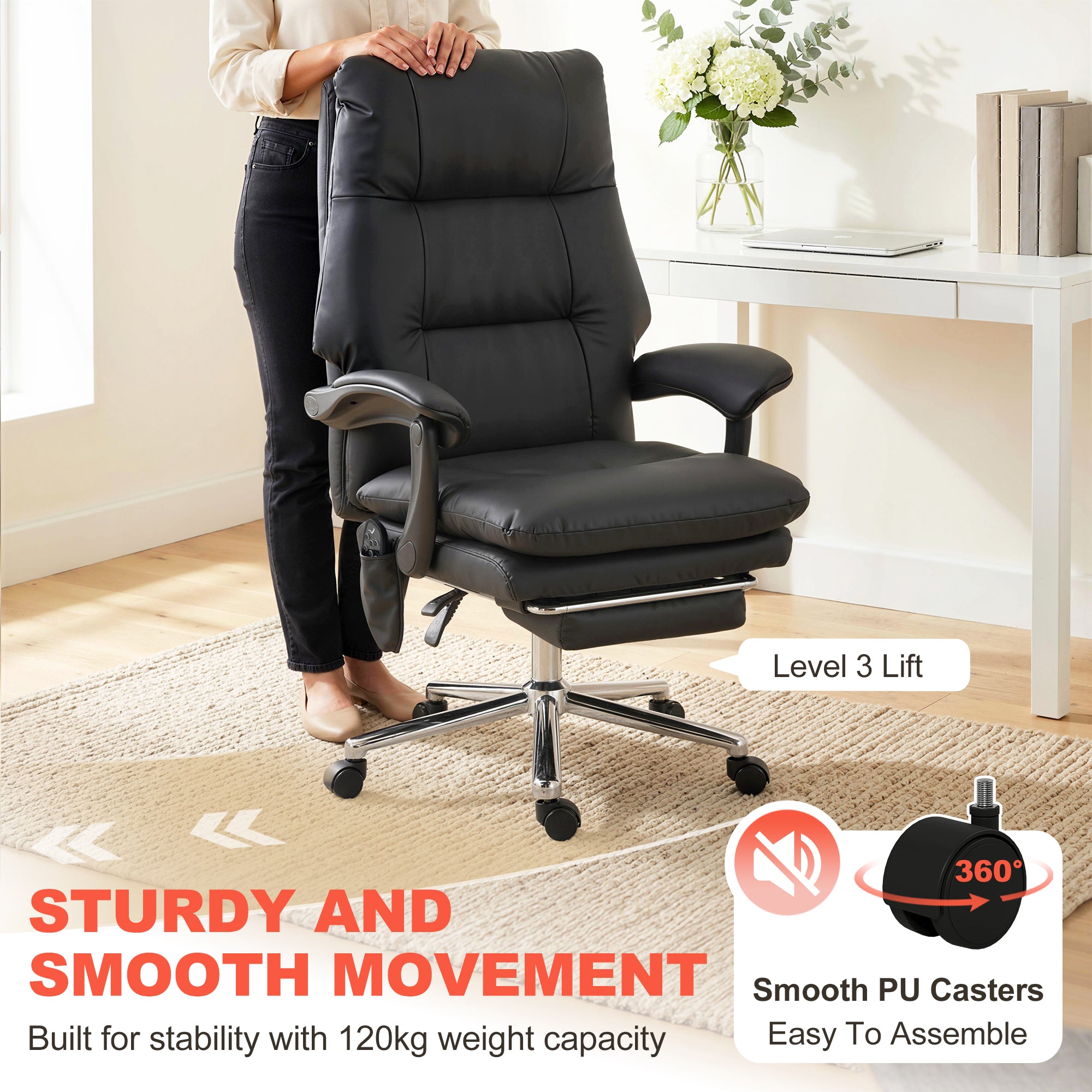 Massage Office Chair with 6-Point Vibration, Pet-Friendly Faux Leather Ergonomic Executive Desk Chair, Black