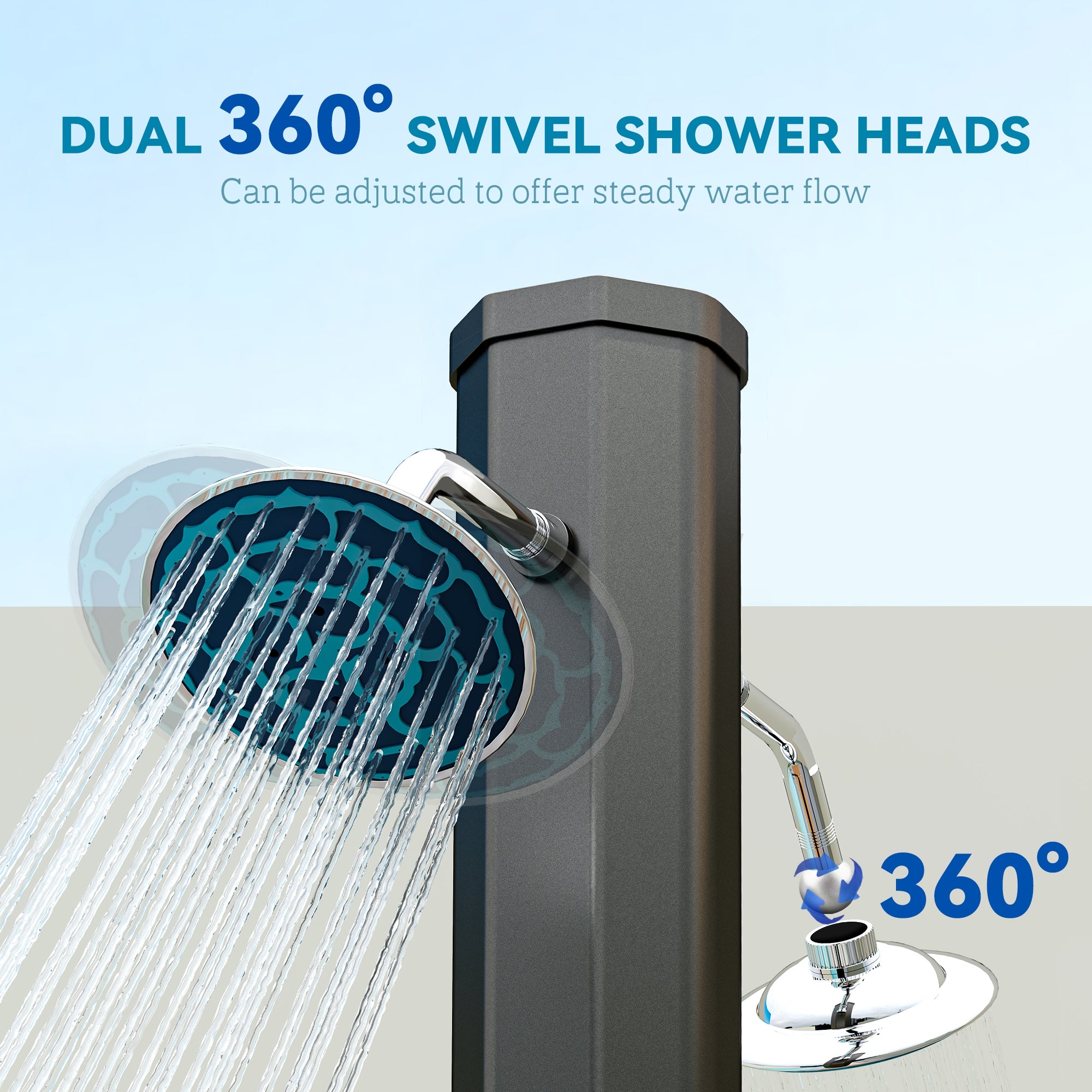 9.2 Gallon Slolar Heated Outdoor Shower with 2 Free-Rotating Shower Heads and Foot Showers for Poolside Beach Spa, 7.1ft