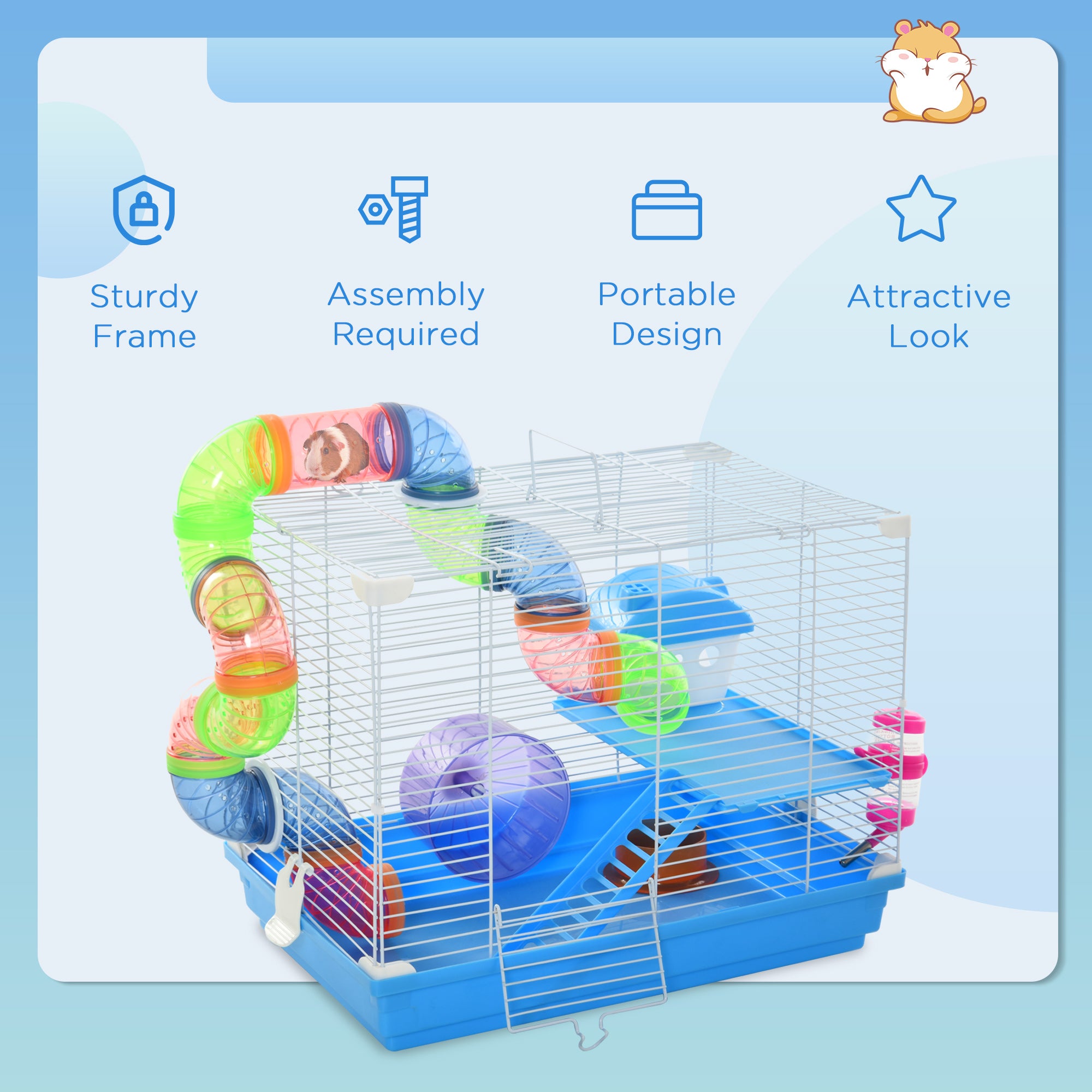 2-Level Hamster Cage Rodent Gerbil House Mouse Mice Rat Habitat Metal Wire with Exercise Wheel, Play Tubes, Water Bottle, Food Dishes, & Interior Ladder - Blue - Image 7