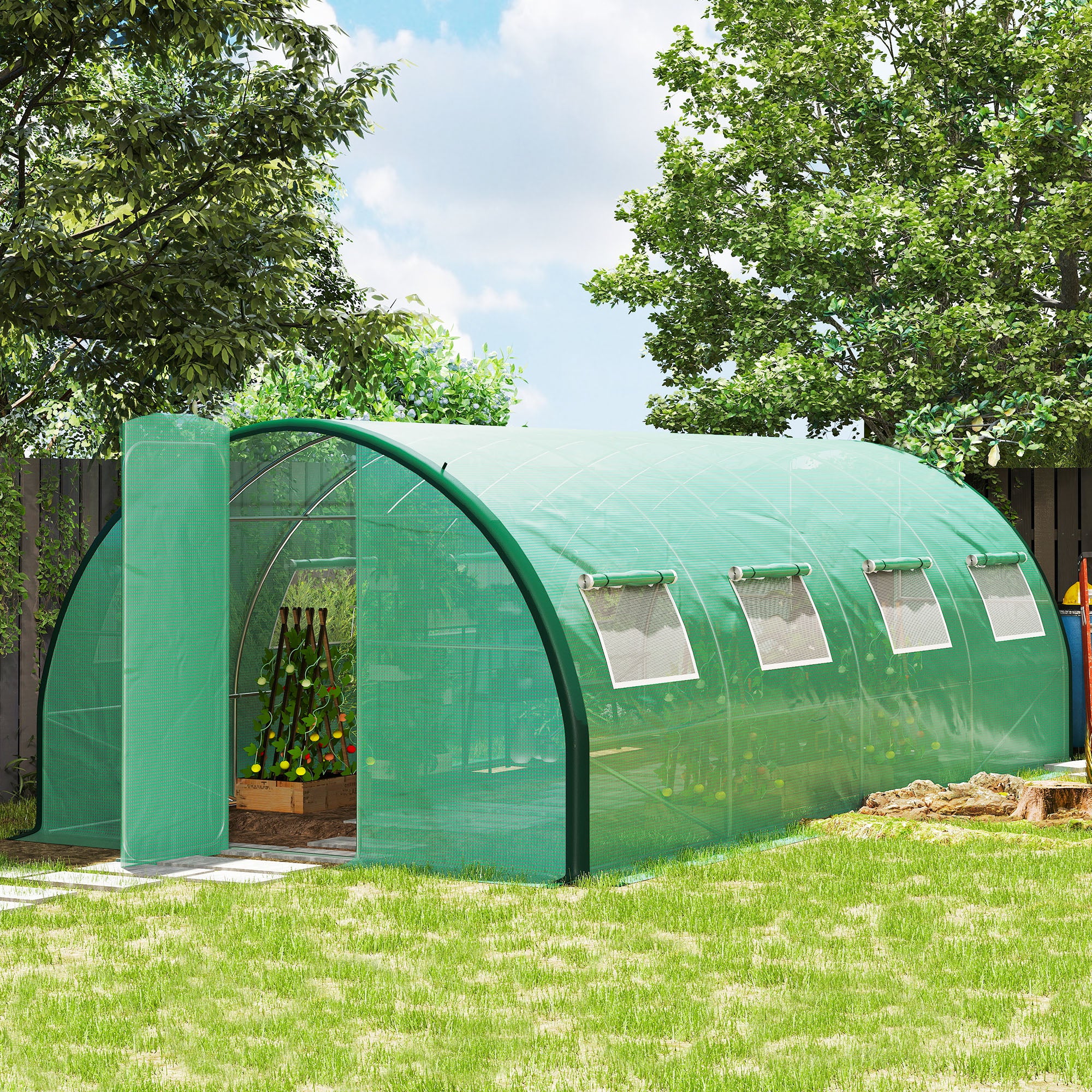 Tunnel Greenhouse Walk-in Plant Warm House with 2 Hinged Doors, 8 Mesh Windows, 20' x 10' x 6.6', Green - Green - Image 2