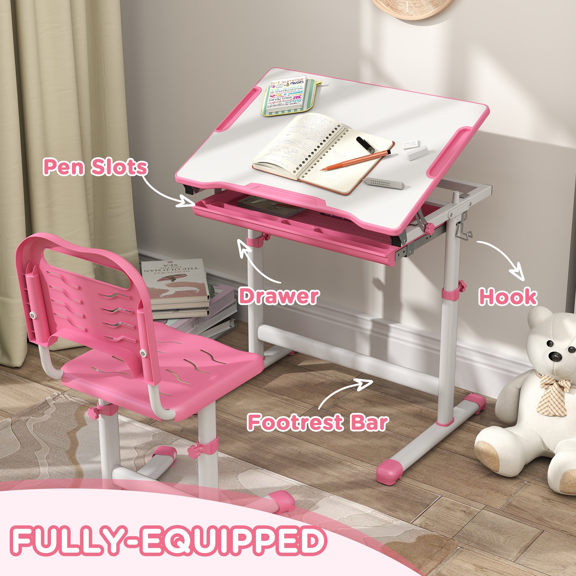 Height Adjustable Kids Desk and Chairs Set with Tilt Desktop, Storage Drawer, Pen Slot, Hook, Pink