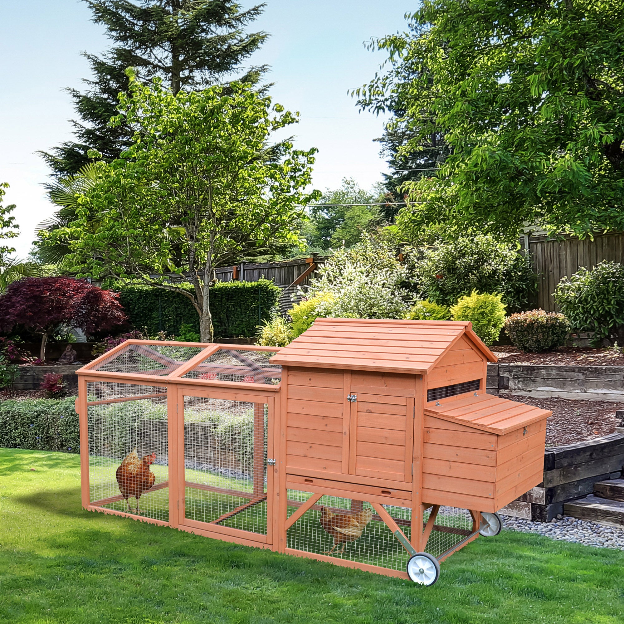 96.5" Chicken Coop Wooden Hen House Poultry Cage Pen Portable with Wheels and Nesting Box, Chicken Cage for Backyard Outdoor, Natural - Brown - Image 2