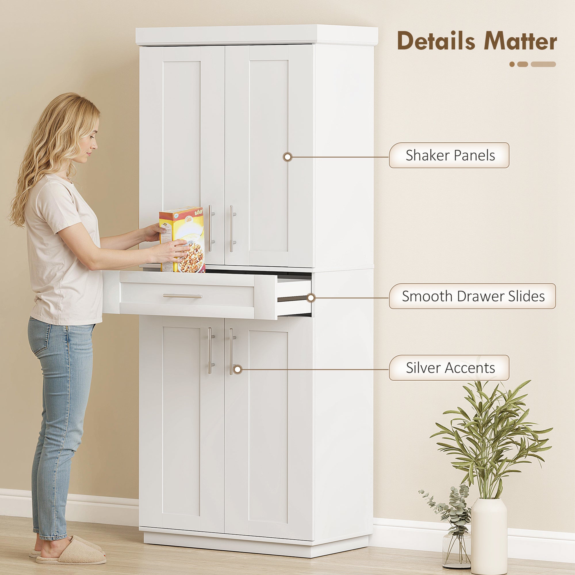 Modern Kitchen Pantry Freestanding Cabinet Cupboard with Doors and Drawer, Adjustable Shelving, White