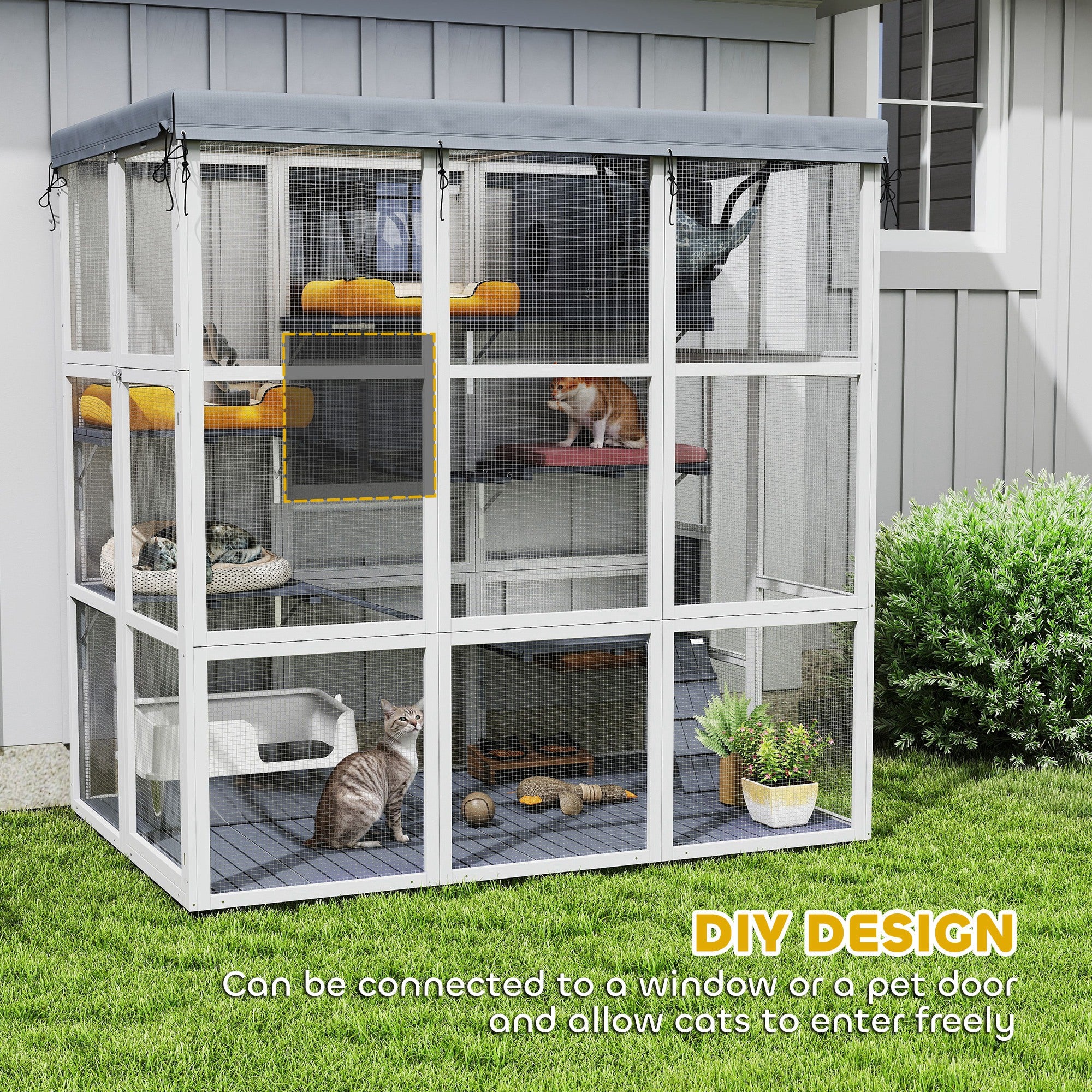 Large Outdoor Catio Cat Enclosure with Hammock, Condo, Jump Platforms, Ladders, Ramps, Tarp, for 2-4 Large Cats, Gray - Gray - Image 5