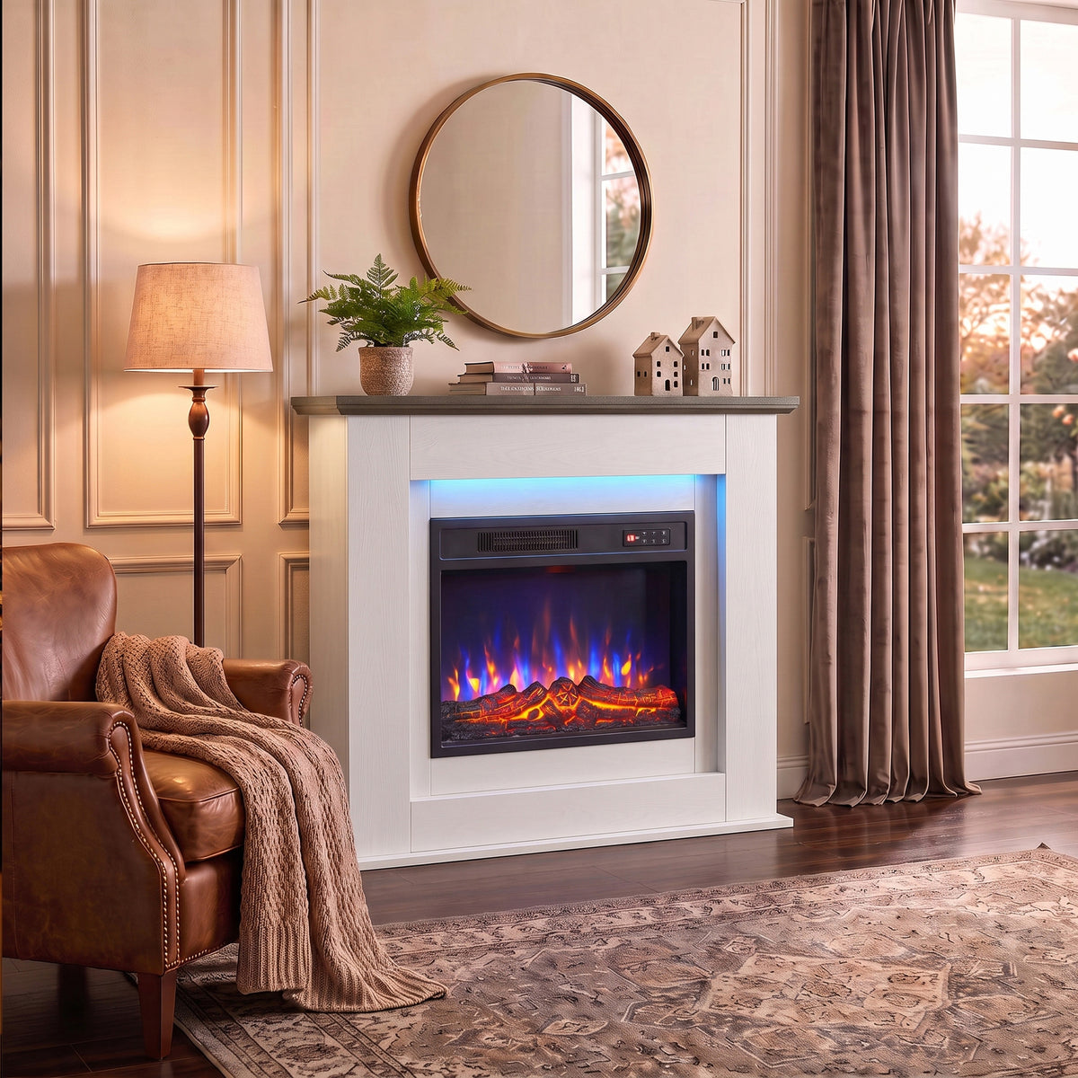 40" Electric Fireplace with Mantel, LED Strip, Fireplace TV Stand for 55" TVs, Adjustable Flame, White