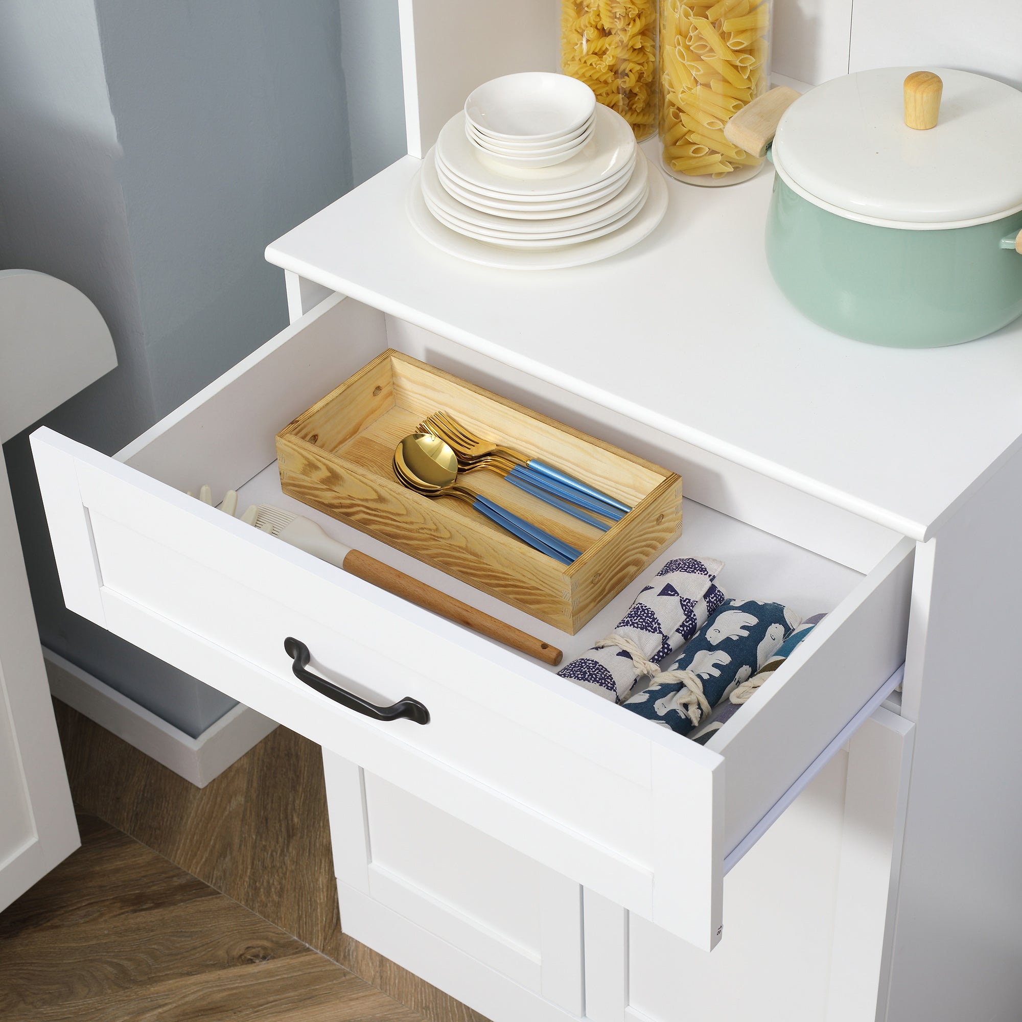 Freestanding Kitchen Pantry, 4-Door Buffet Cabinet with Hutch, Coffee Bar with Adjustable Shelves, 63.5 Inches, White