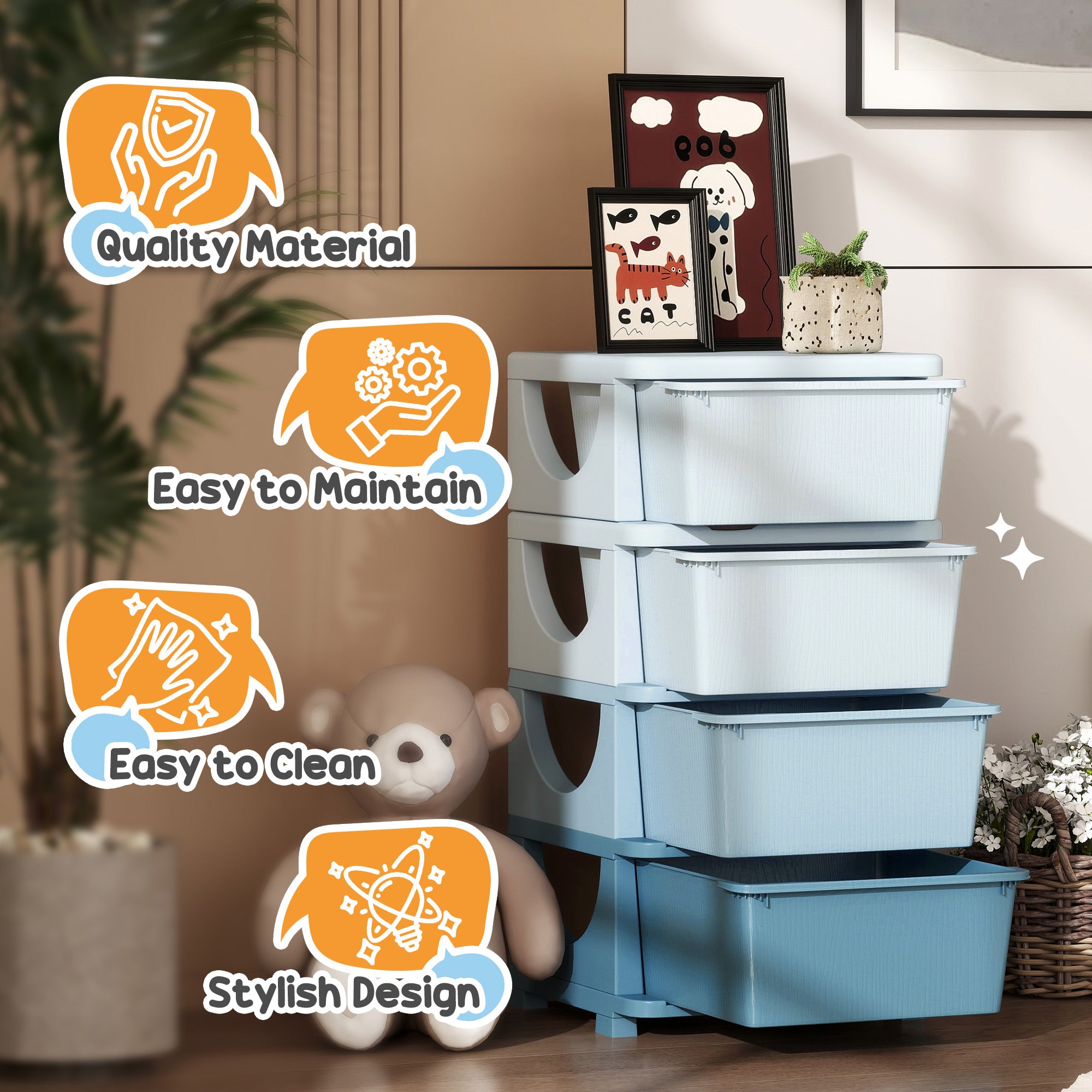30" 4 Tier Kids Storage Unit Dresser Tower w/ 4 Drawers, Blue