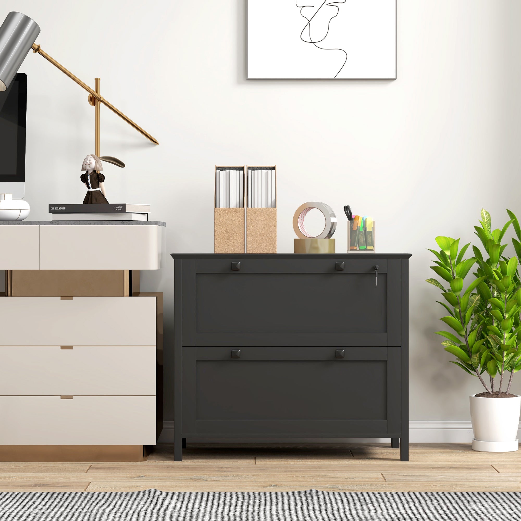 Lateral File Cabinet, 2 Drawer Filing Cabinet with Adjustable Hanging Bar for Letter, A4 and Legal Size, Black