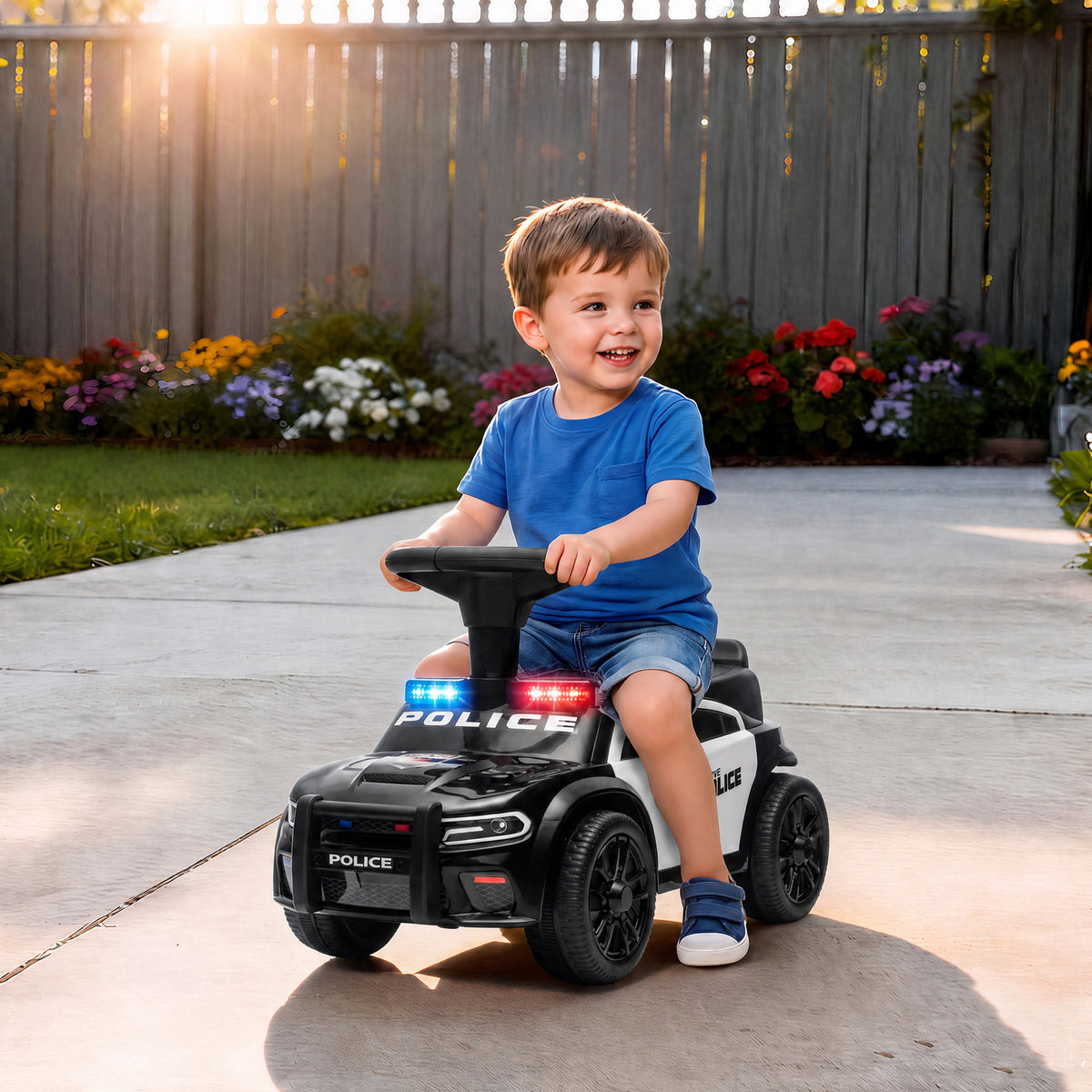 Toddler Push Car, Police Car Styling, Ride on Toys with Under-Seat Storage and Anti Tip Device, for 18-36 Months, Black