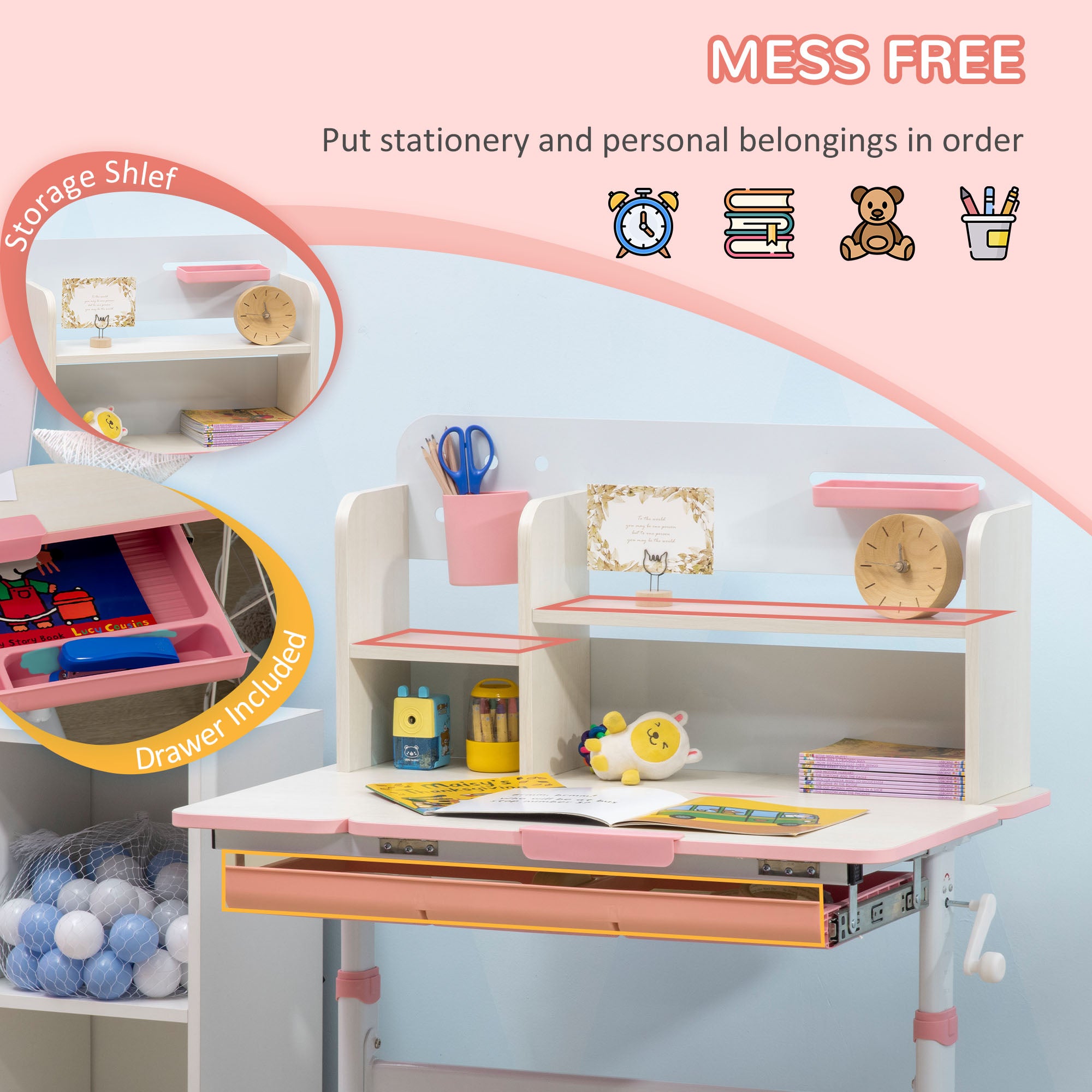 Wooden Kids Study Desk, Height Adjustable Children School Study Table, Student Writing Desk with Tilt Desktop, Drawer, Storage Shelf, Pen Holder, Pink