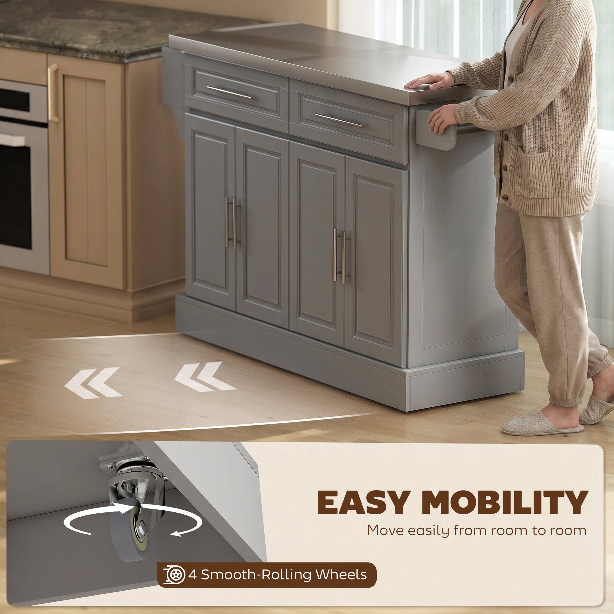 Rolling Kitchen Island Cart with 47" Stainless Steel Top, Portable Island Table for Kitchen with Wheels, Adjustable Shelves, 2 Drawers, Spice, Knife and Towel Rack, Gray