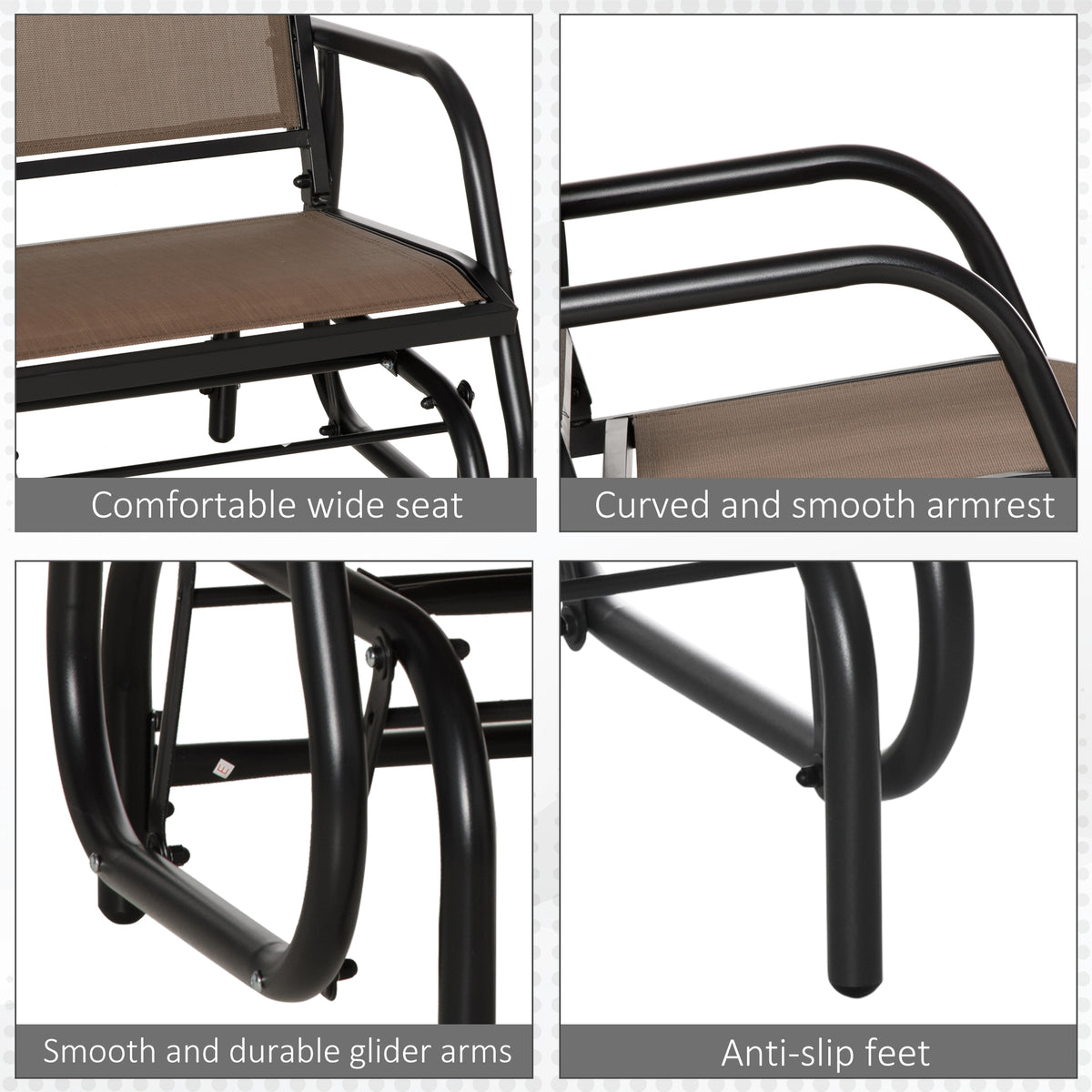 Porch Glider, Metal Frame Swing Glider Chair with Breathable Mesh Fabric, Curved Armrests and Steel Frame for Garden, Poolside, Backyard, Balcony, Brown
